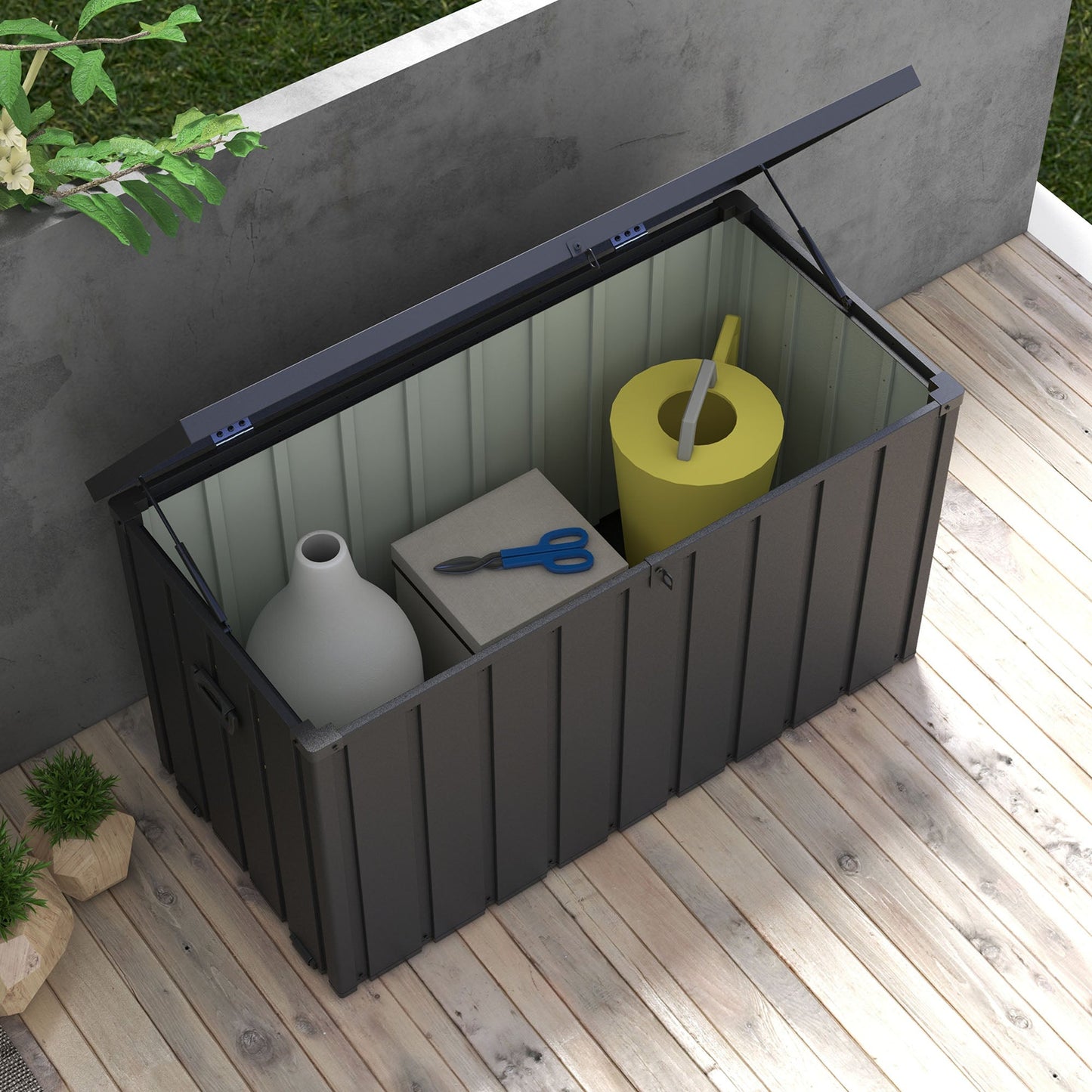 119 Gallon Deck Box, Outdoor Storage Box with Wheels and Handles, Lockable Galvanised Steel Outside Storage Container for Tools, Cushions, Dark Grey