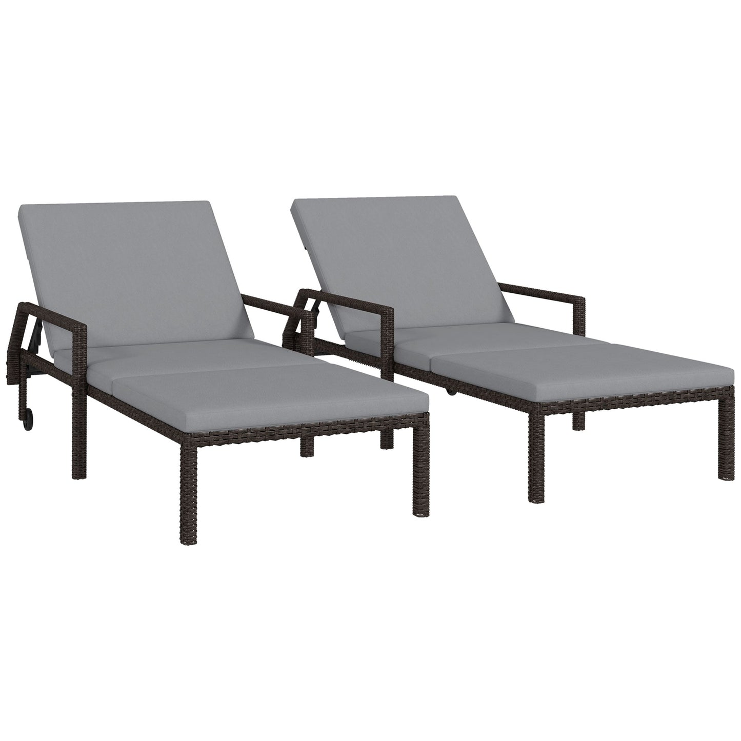 2 Piece Wicker Chaise Lounger PE Rattan Outdoor Lounge Chair Garden Chair Recliner with 5-Level Adjustable Backrest and 2 Wheels, Grey