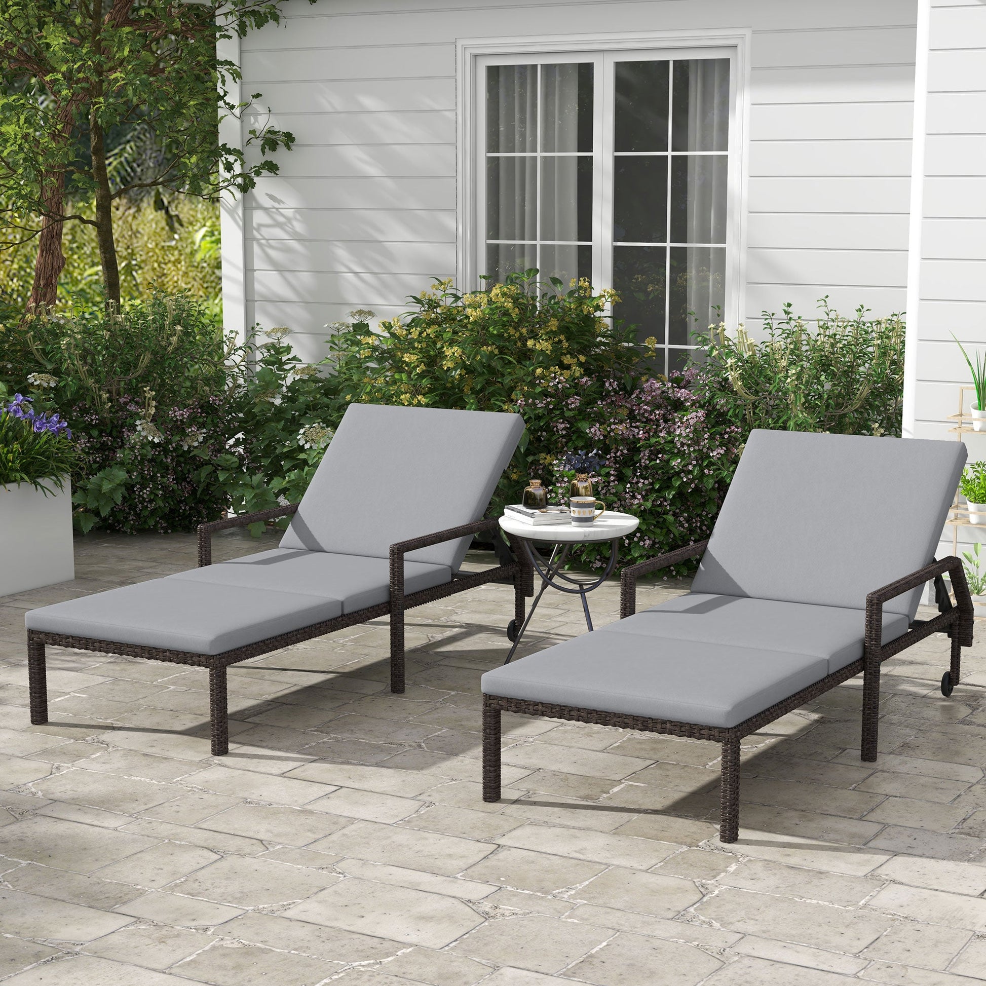 2 Piece Wicker Chaise Lounger PE Rattan Outdoor Lounge Chair Garden Chair Recliner with 5-Level Adjustable Backrest and 2 Wheels, Grey