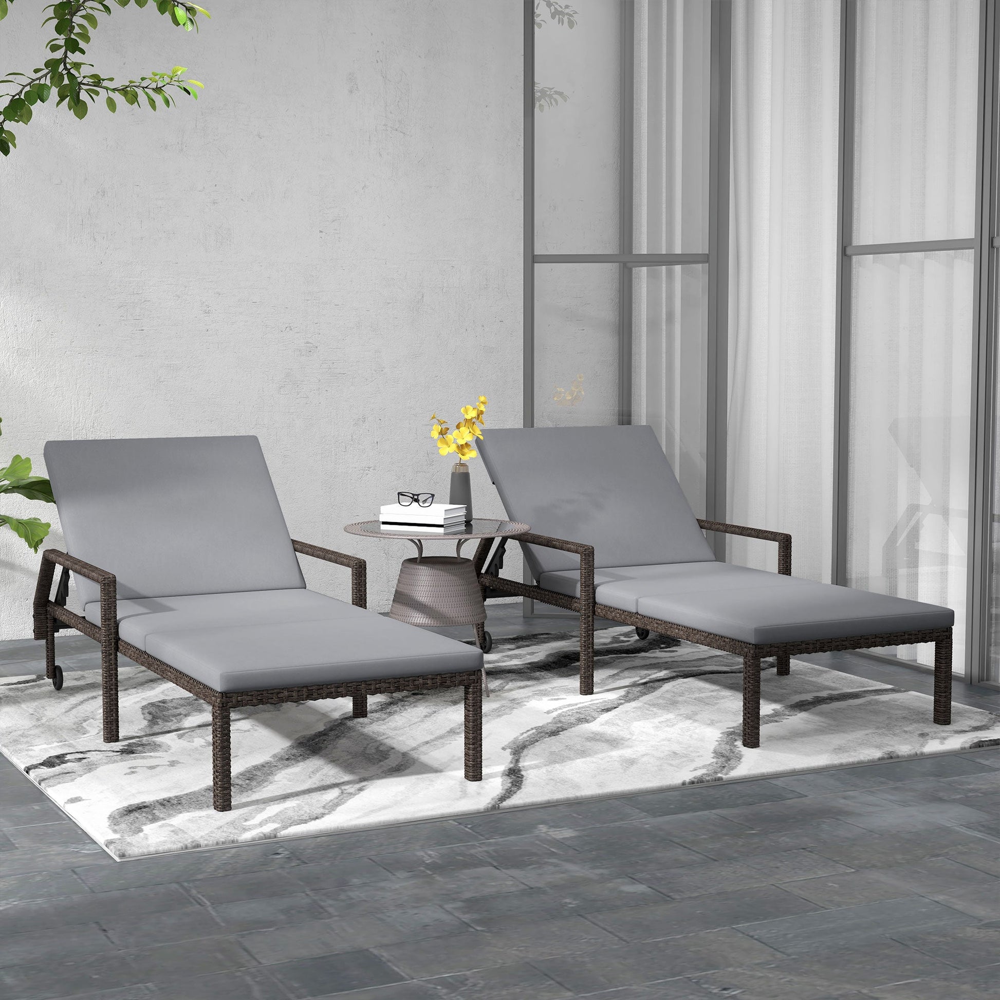 2 Piece Wicker Chaise Lounger PE Rattan Outdoor Lounge Chair Garden Chair Recliner with 5-Level Adjustable Backrest and 2 Wheels, Grey