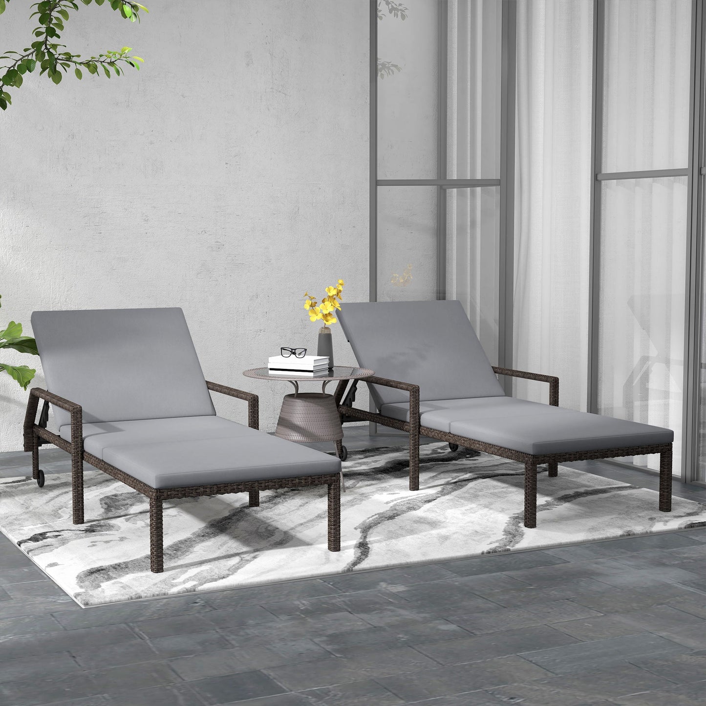 2 Piece Wicker Chaise Lounger PE Rattan Outdoor Lounge Chair Garden Chair Recliner with 5-Level Adjustable Backrest and 2 Wheels, Grey