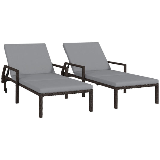 2 Piece Wicker Chaise Lounger PE Rattan Outdoor Lounge Chair Garden Chair Recliner with 5-Level Adjustable Backrest and 2 Wheels, Grey