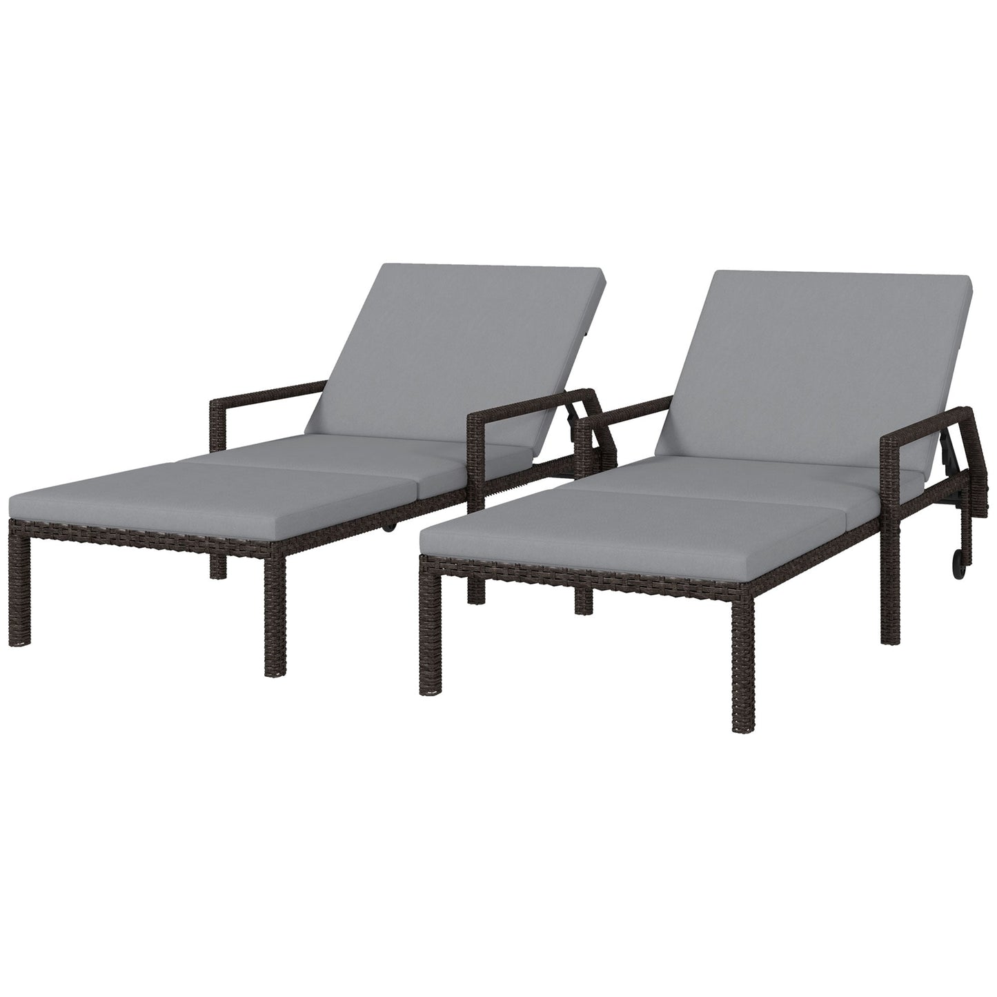 2 Piece Wicker Chaise Lounger PE Rattan Outdoor Lounge Chair Garden Chair Recliner with 5-Level Adjustable Backrest and 2 Wheels, Grey