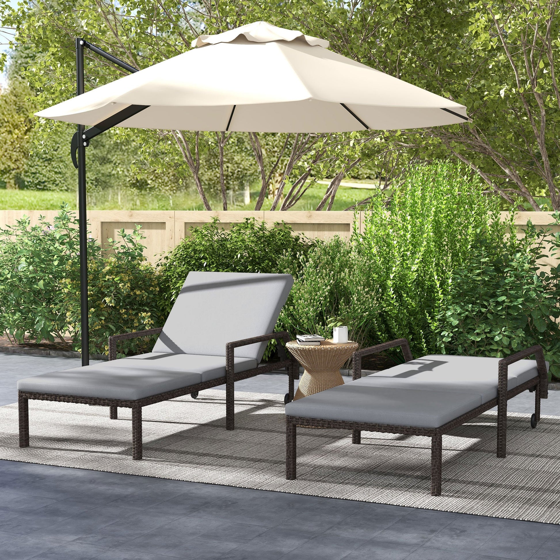 2 Piece Wicker Chaise Lounger PE Rattan Outdoor Lounge Chair Garden Chair Recliner with 5-Level Adjustable Backrest and 2 Wheels, Grey