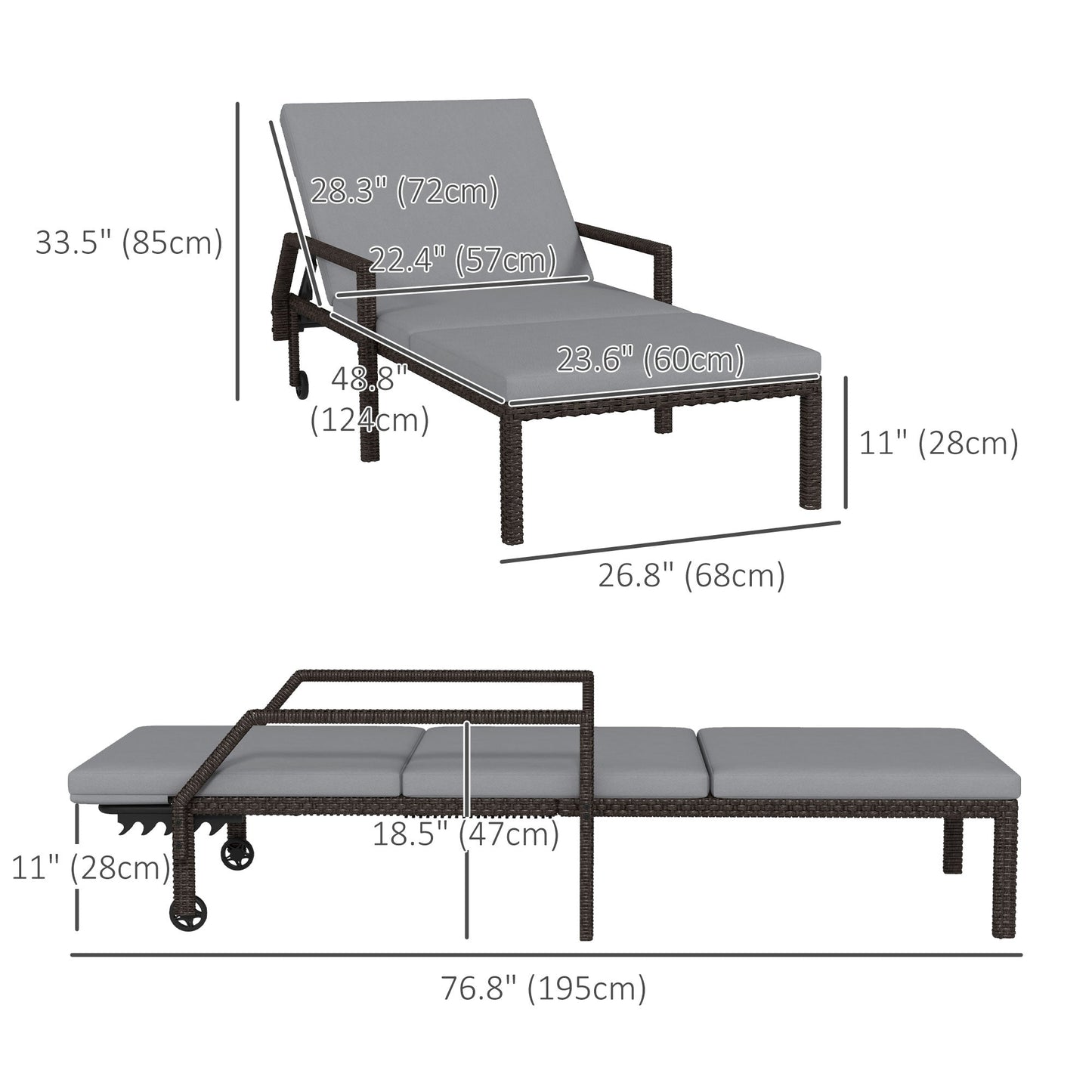 2 Piece Wicker Chaise Lounger PE Rattan Outdoor Lounge Chair Garden Chair Recliner with 5-Level Adjustable Backrest and 2 Wheels, Grey