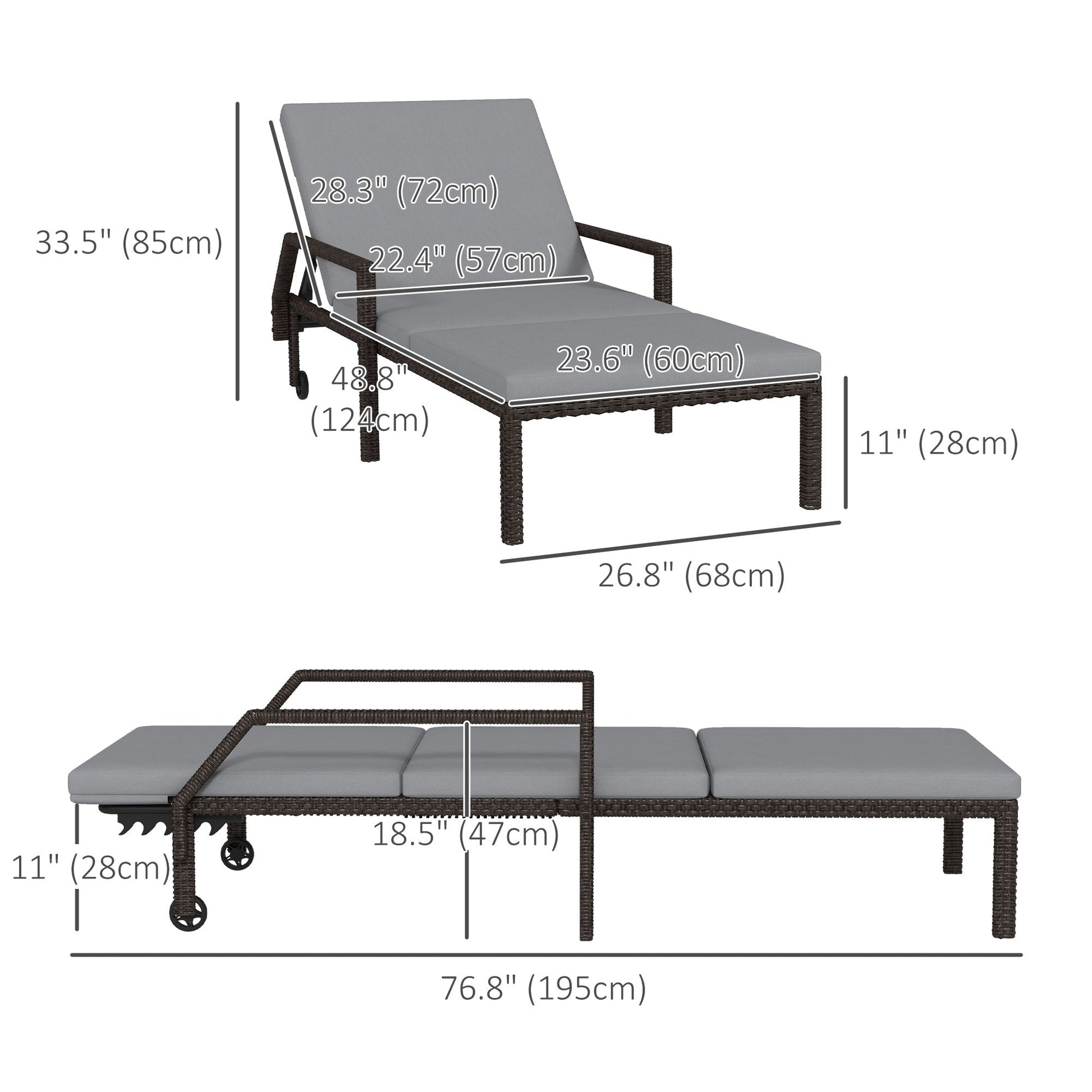 2 Piece Wicker Chaise Lounger PE Rattan Outdoor Lounge Chair Garden Chair Recliner with 5-Level Adjustable Backrest and 2 Wheels, Grey