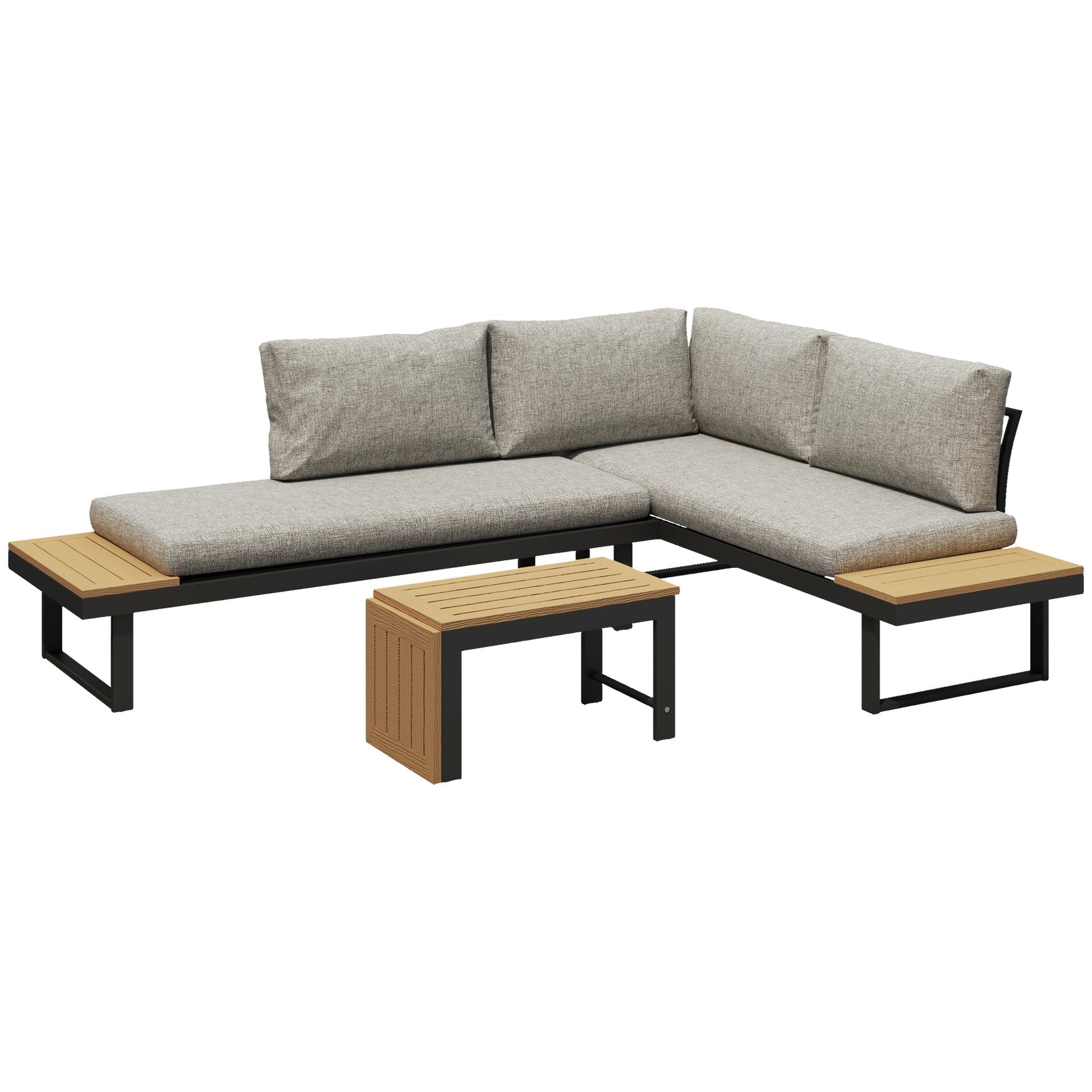 3 Pieces Sectional Patio Furniture Set with 2 Loveseats, WPC Coffee Table, L Shaped Aluminum Outdoor Furniture Sofa Set with Removable Backs, Thick Cushions, Light Grey