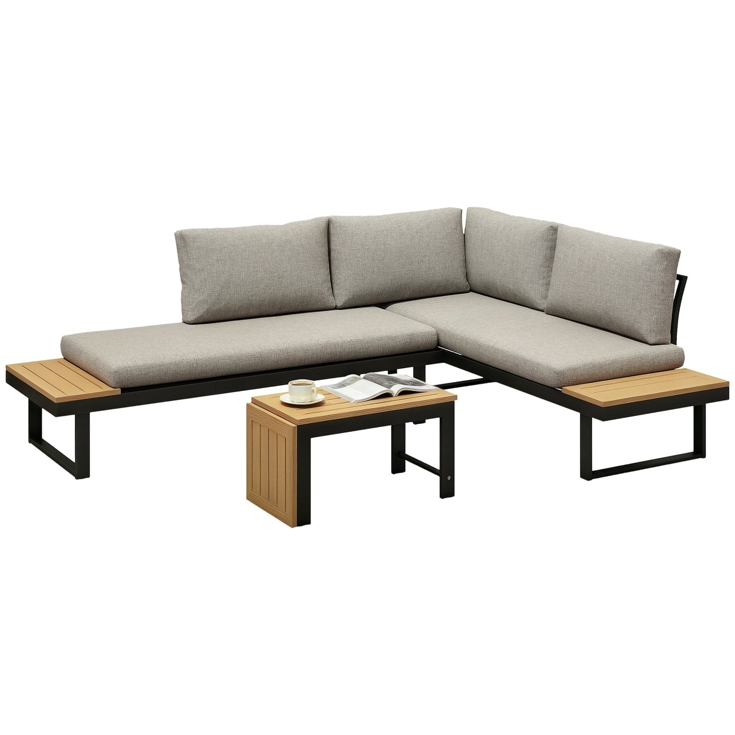 3 Pieces Sectional Patio Furniture Set with 2 Loveseats, WPC Coffee Table, L Shaped Aluminum Outdoor Furniture Sofa Set with Removable Backs, Thick Cushions, Light Grey