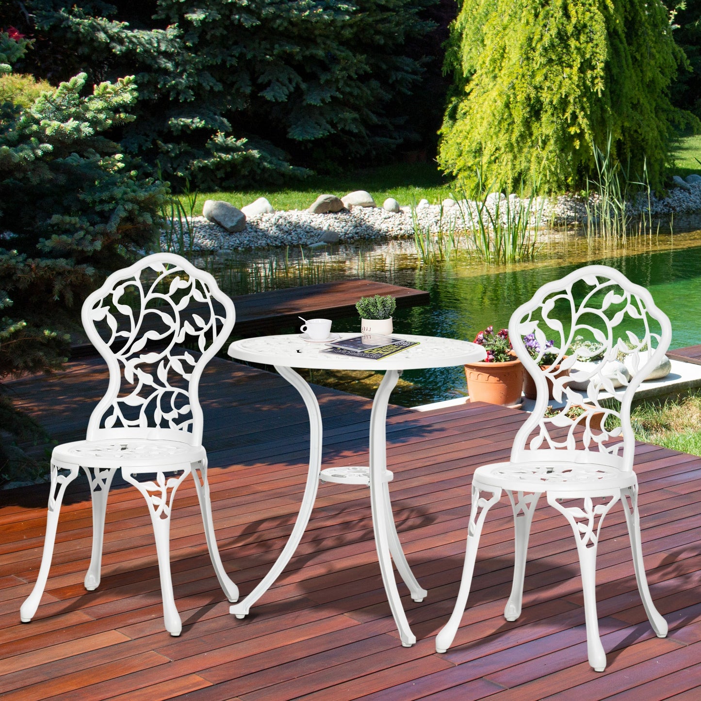 3 Pieces Bistro Set, Patio Table and Chairs with Cast Aluminum Frame for Garden, Balcony, Porch, White