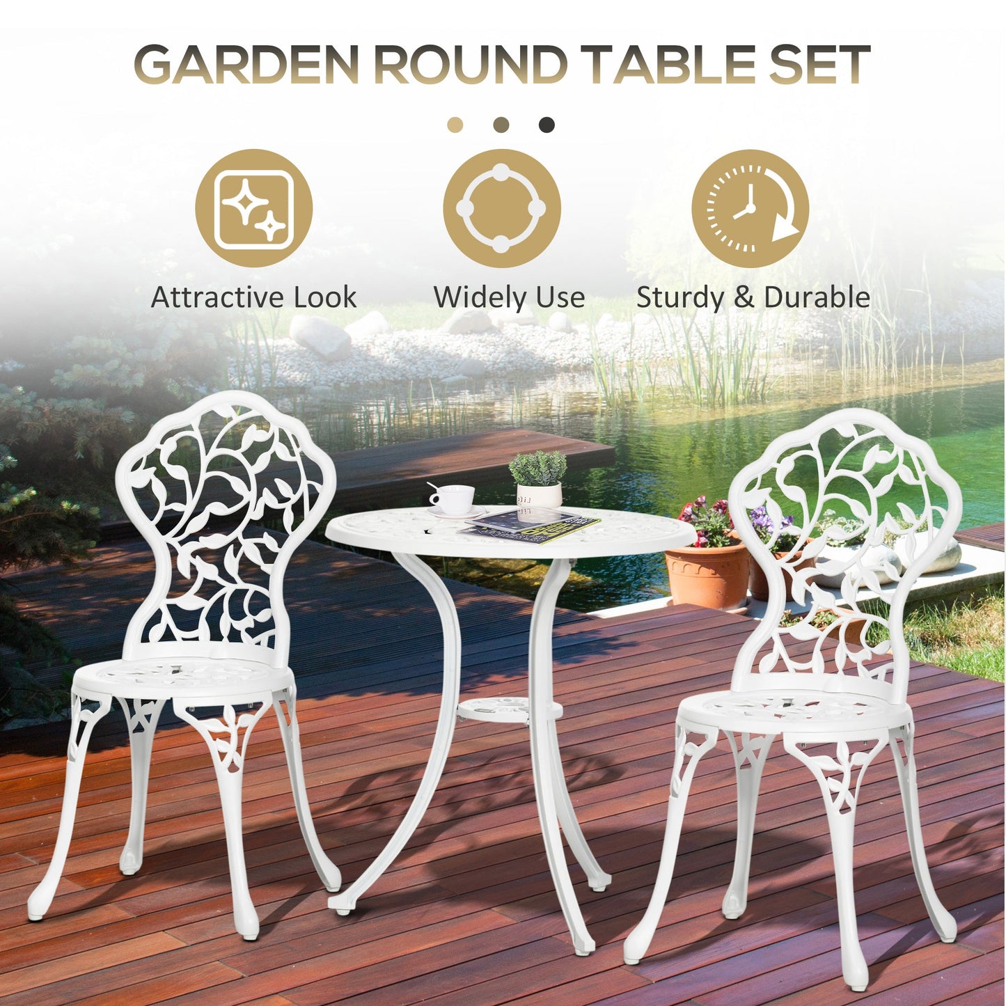 3 Pieces Bistro Set, Patio Table and Chairs with Cast Aluminum Frame for Garden, Balcony, Porch, White