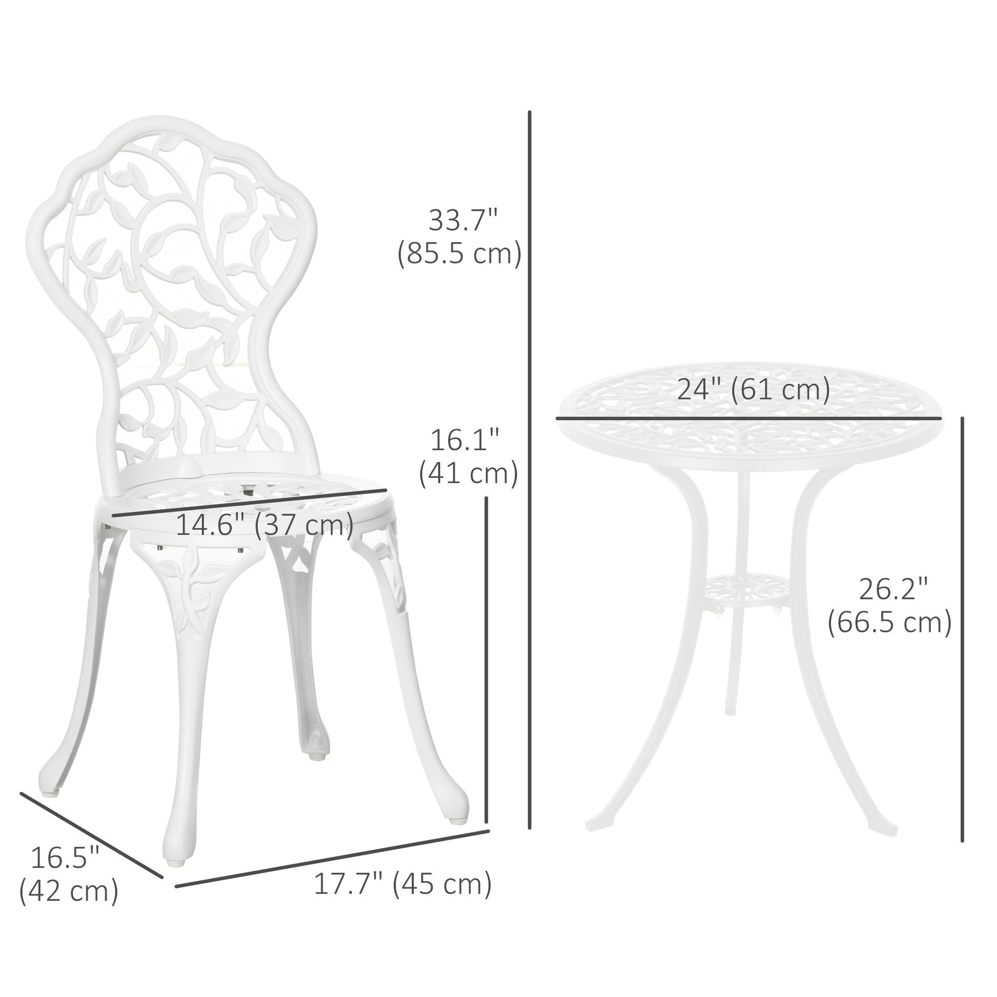 3 Pieces Bistro Set, Patio Table and Chairs with Cast Aluminum Frame for Garden, Balcony, Porch, White