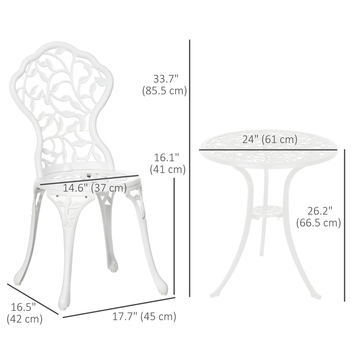 3 Pieces Bistro Set, Patio Table and Chairs with Cast Aluminum Frame for Garden, Balcony, Porch, White