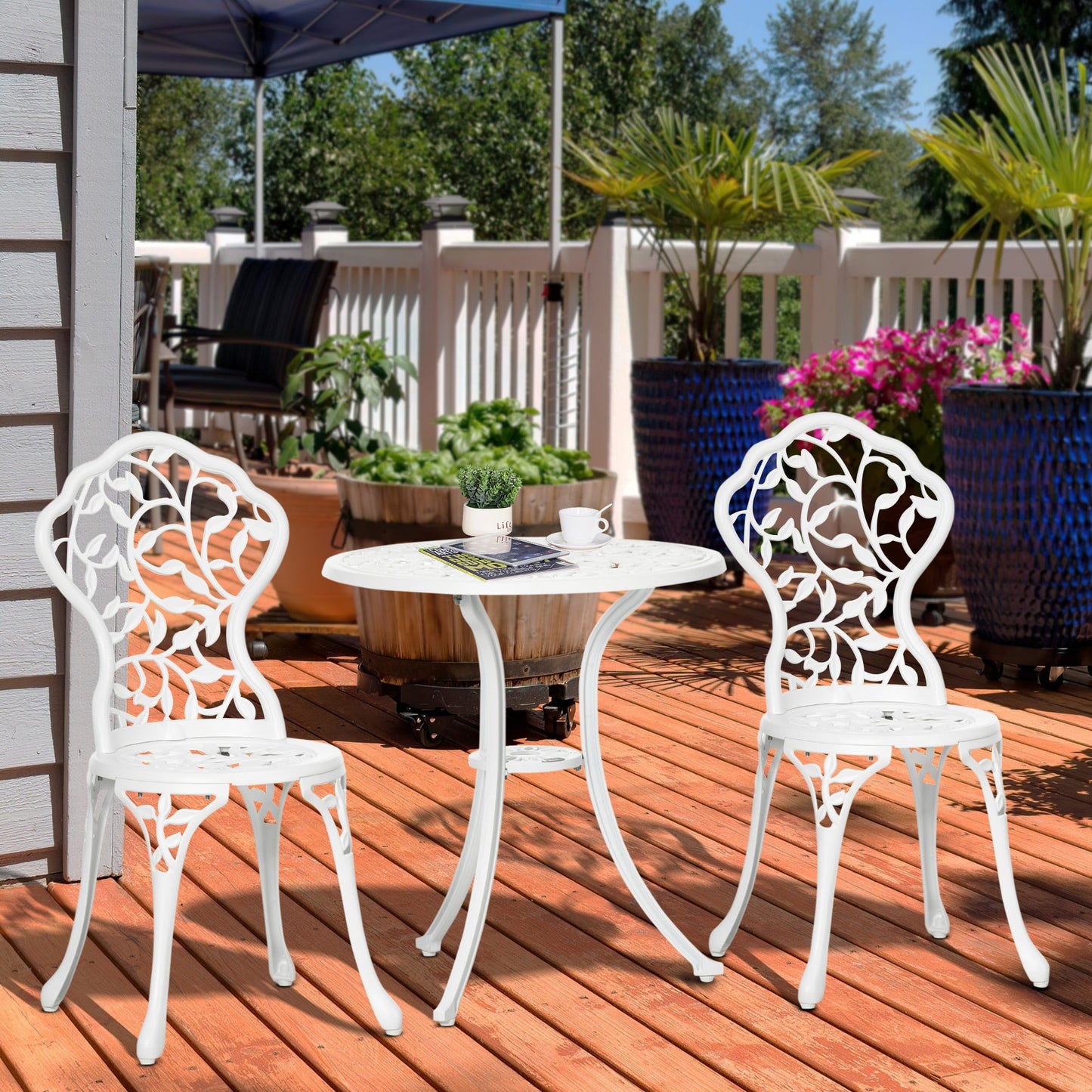 3 Pieces Bistro Set, Patio Table and Chairs with Cast Aluminum Frame for Garden, Balcony, Porch, White