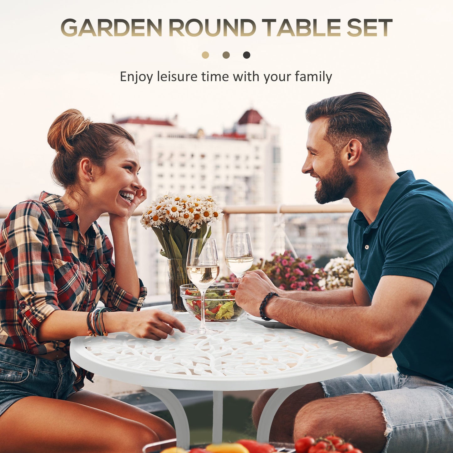 3 Pieces Bistro Set, Patio Table and Chairs with Cast Aluminum Frame for Garden, Balcony, Porch, White