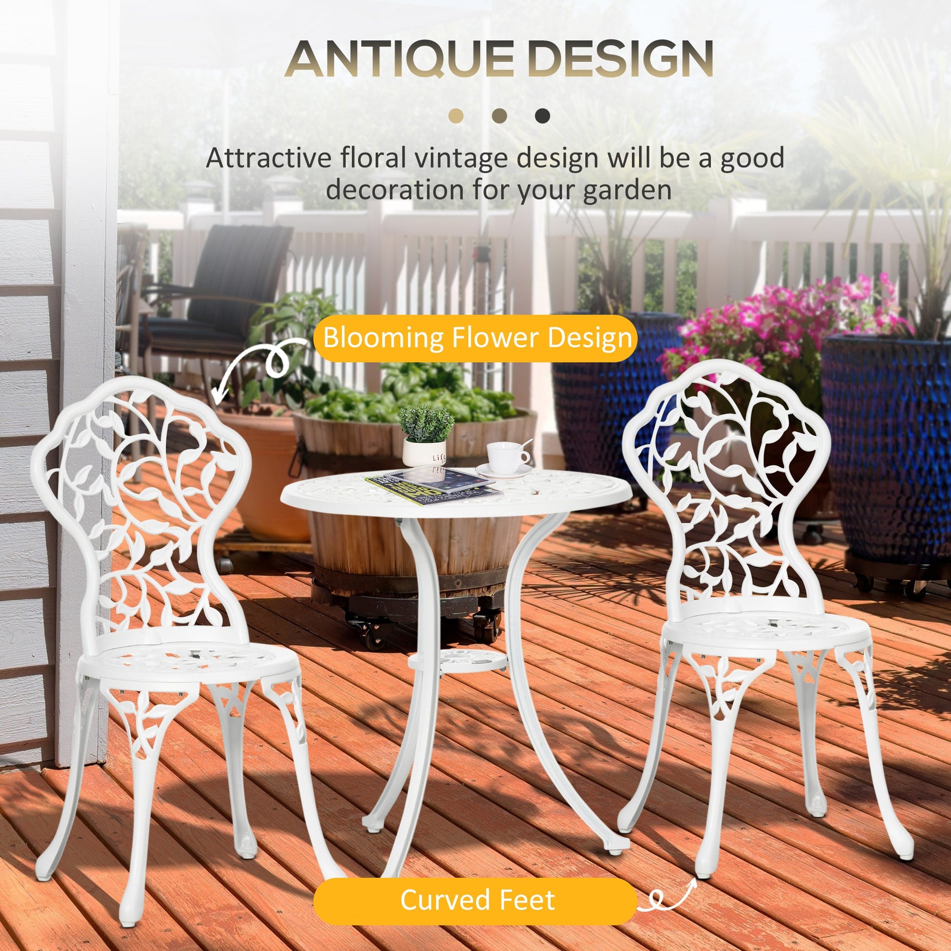3 Pieces Bistro Set, Patio Table and Chairs with Cast Aluminum Frame for Garden, Balcony, Porch, White