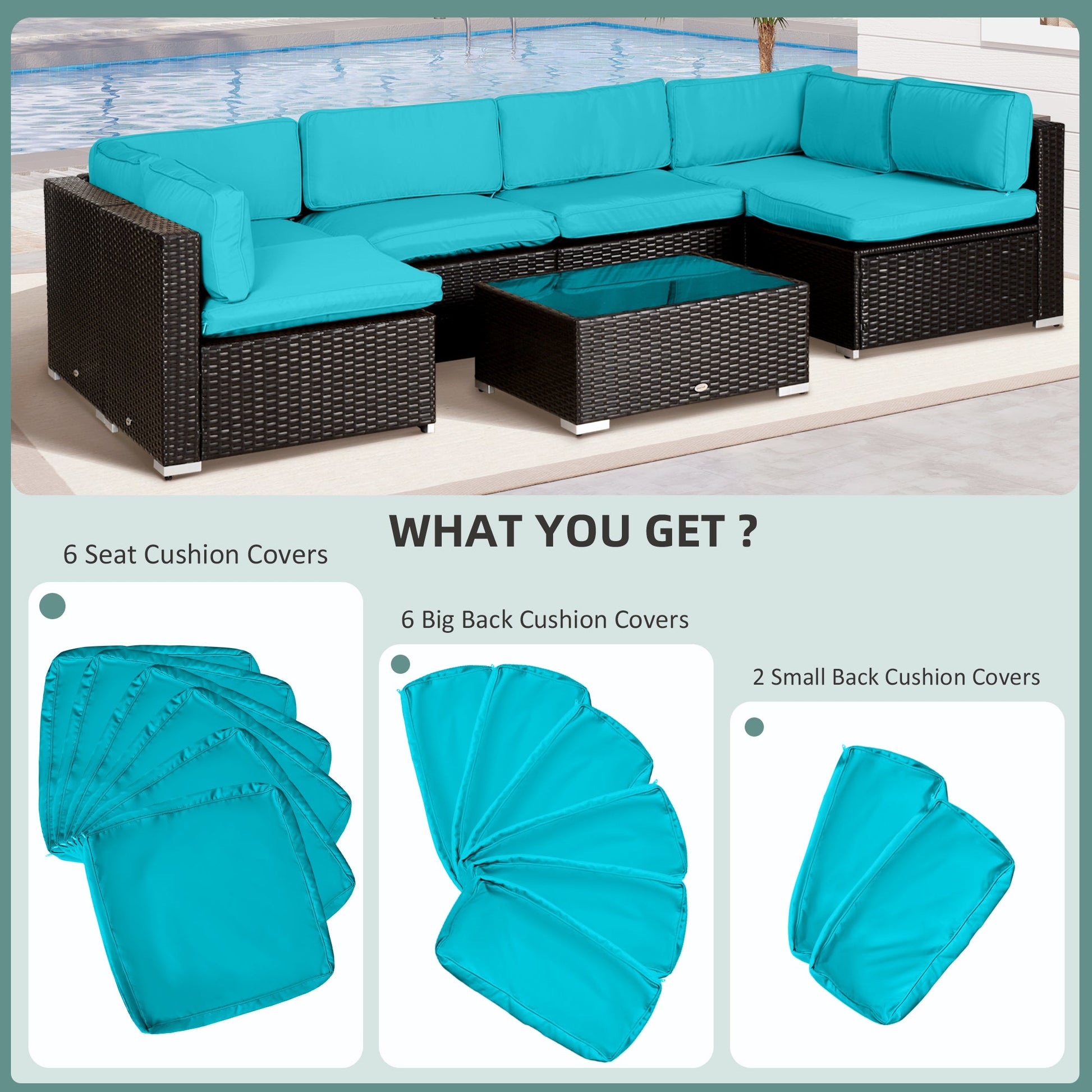 14Pcs Outdoor Cushion Covers, Patio Cushion Covers Replacement for Rattan Sofa Set - No Cushion Included, Light Blue
