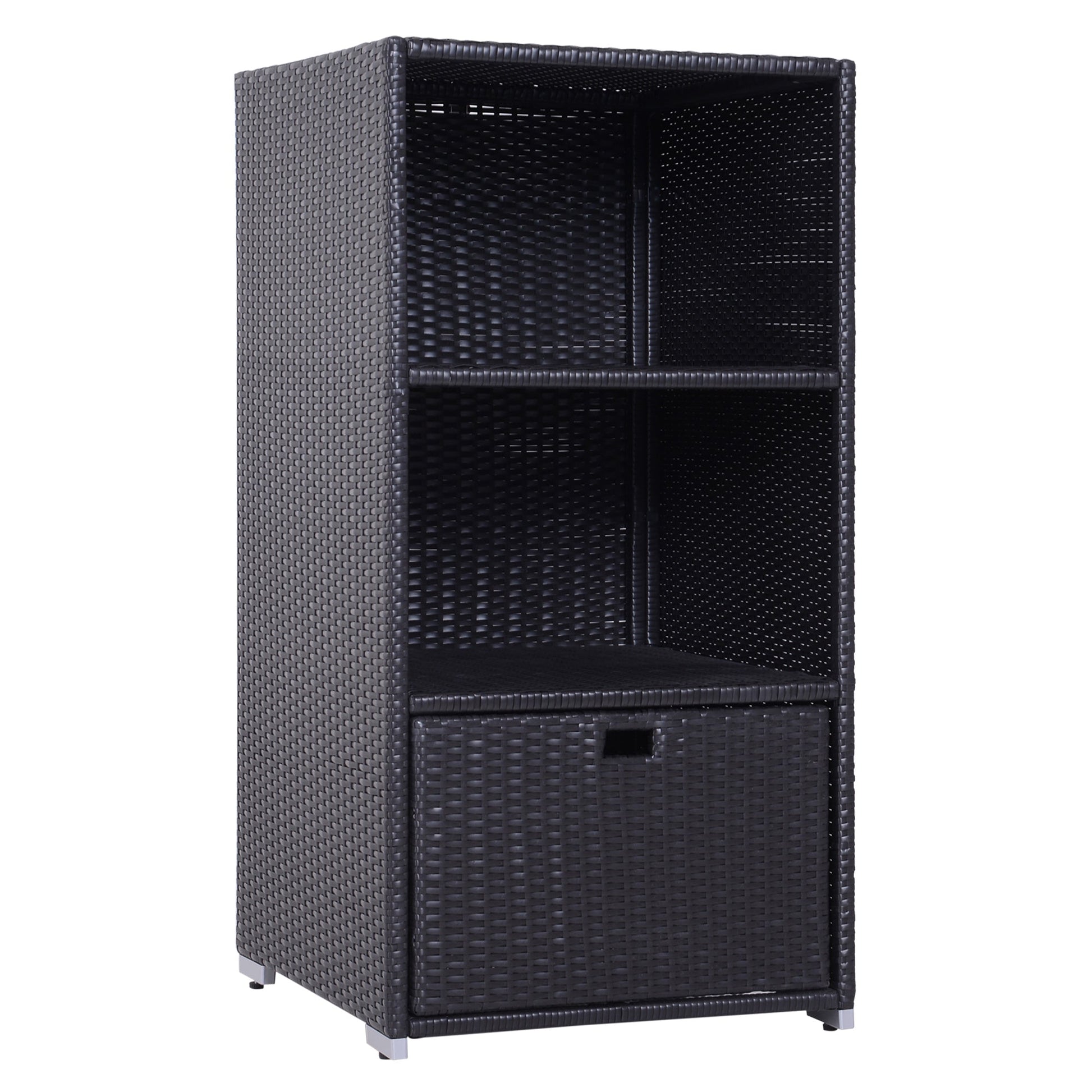 Outdoor Storage Cabinet, Patio Storage Box Rack Rattan Wicker Pool Towel Valet Organizer Poolside Garden Lawn Bathroom Furniture Shelf w/ Shelf Drawer, Dark Brown