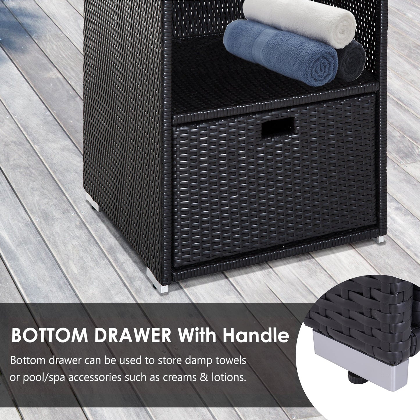 Outdoor Storage Cabinet, Patio Storage Box Rack Rattan Wicker Pool Towel Valet Organizer Poolside Garden Lawn Bathroom Furniture Shelf w/ Shelf Drawer, Dark Brown