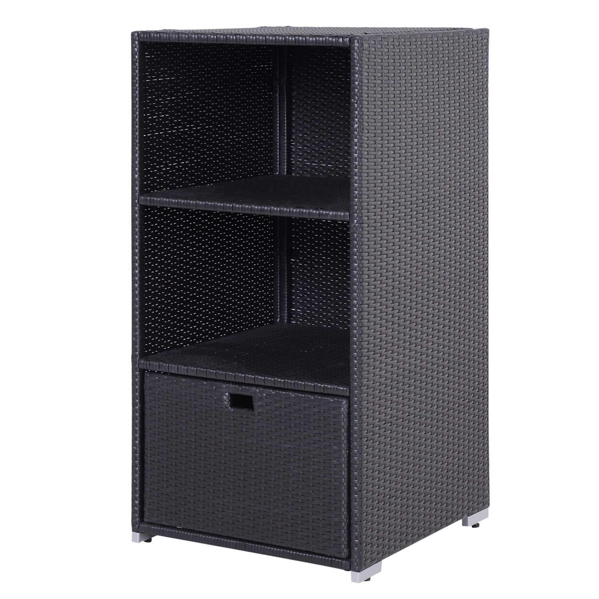 Outdoor Storage Cabinet, Patio Storage Box Rack Rattan Wicker Pool Towel Valet Organizer Poolside Garden Lawn Bathroom Furniture Shelf w/ Shelf Drawer, Dark Brown