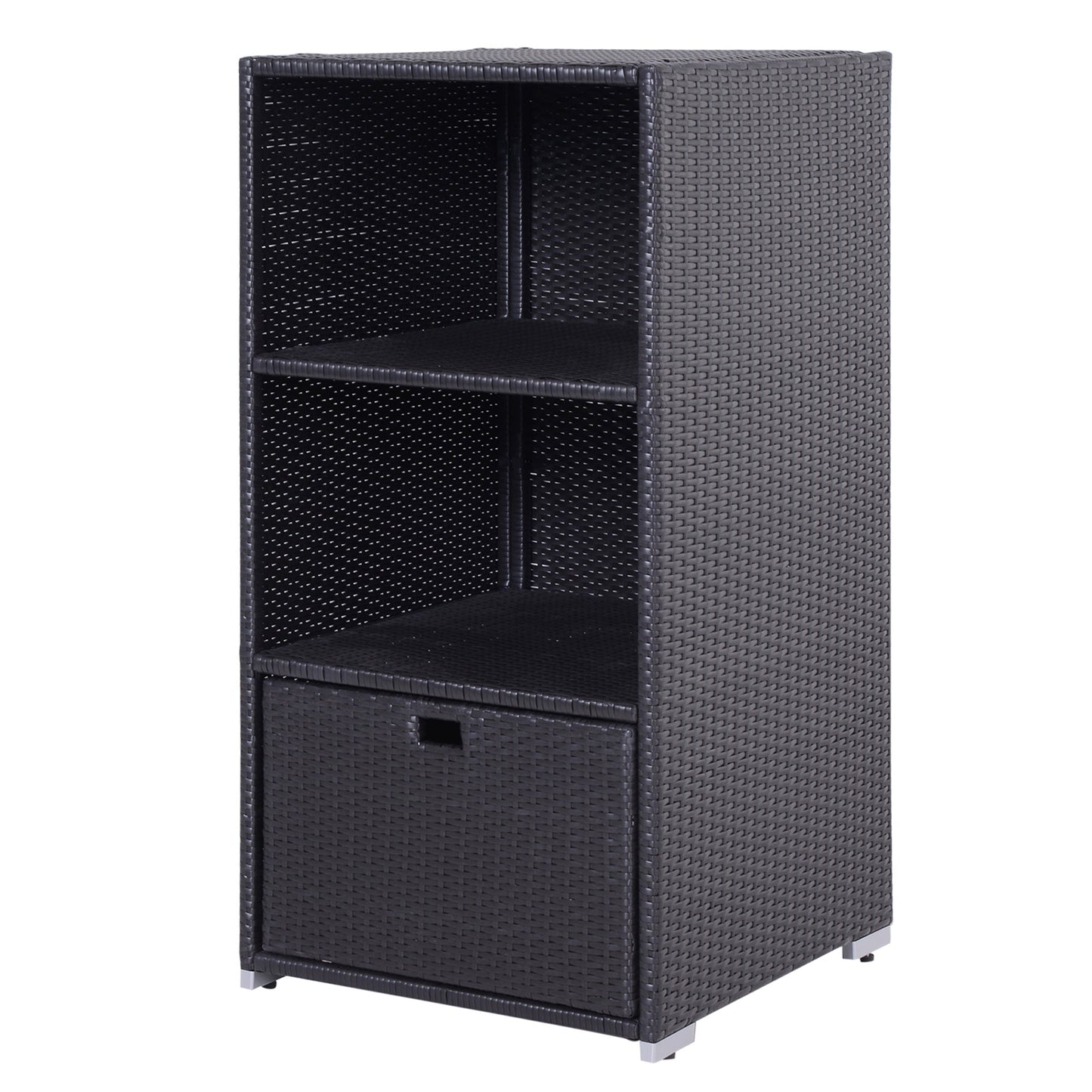 Outdoor Storage Cabinet, Patio Storage Box Rack Rattan Wicker Pool Towel Valet Organizer Poolside Garden Lawn Bathroom Furniture Shelf w/ Shelf Drawer, Dark Brown