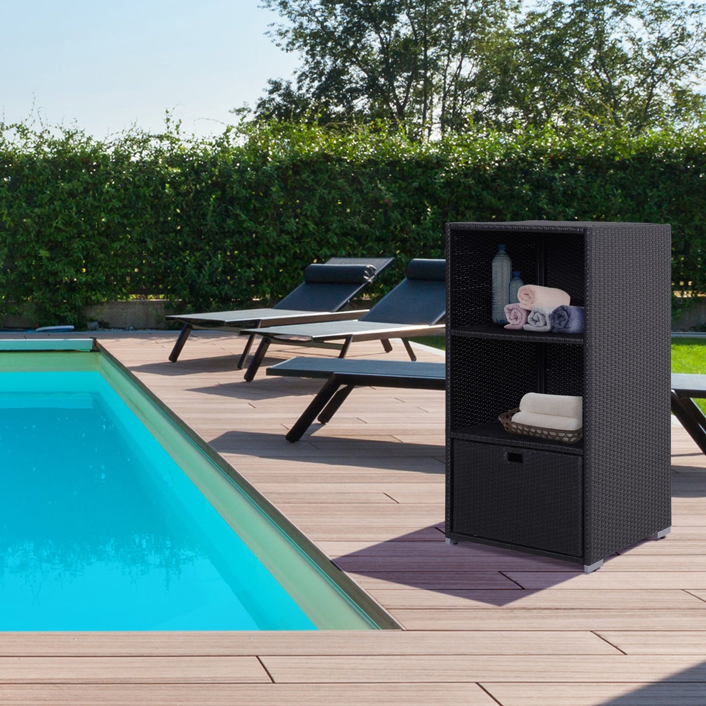 Outdoor Storage Cabinet, Patio Storage Box Rack Rattan Wicker Pool Towel Valet Organizer Poolside Garden Lawn Bathroom Furniture Shelf w/ Shelf Drawer, Dark Brown