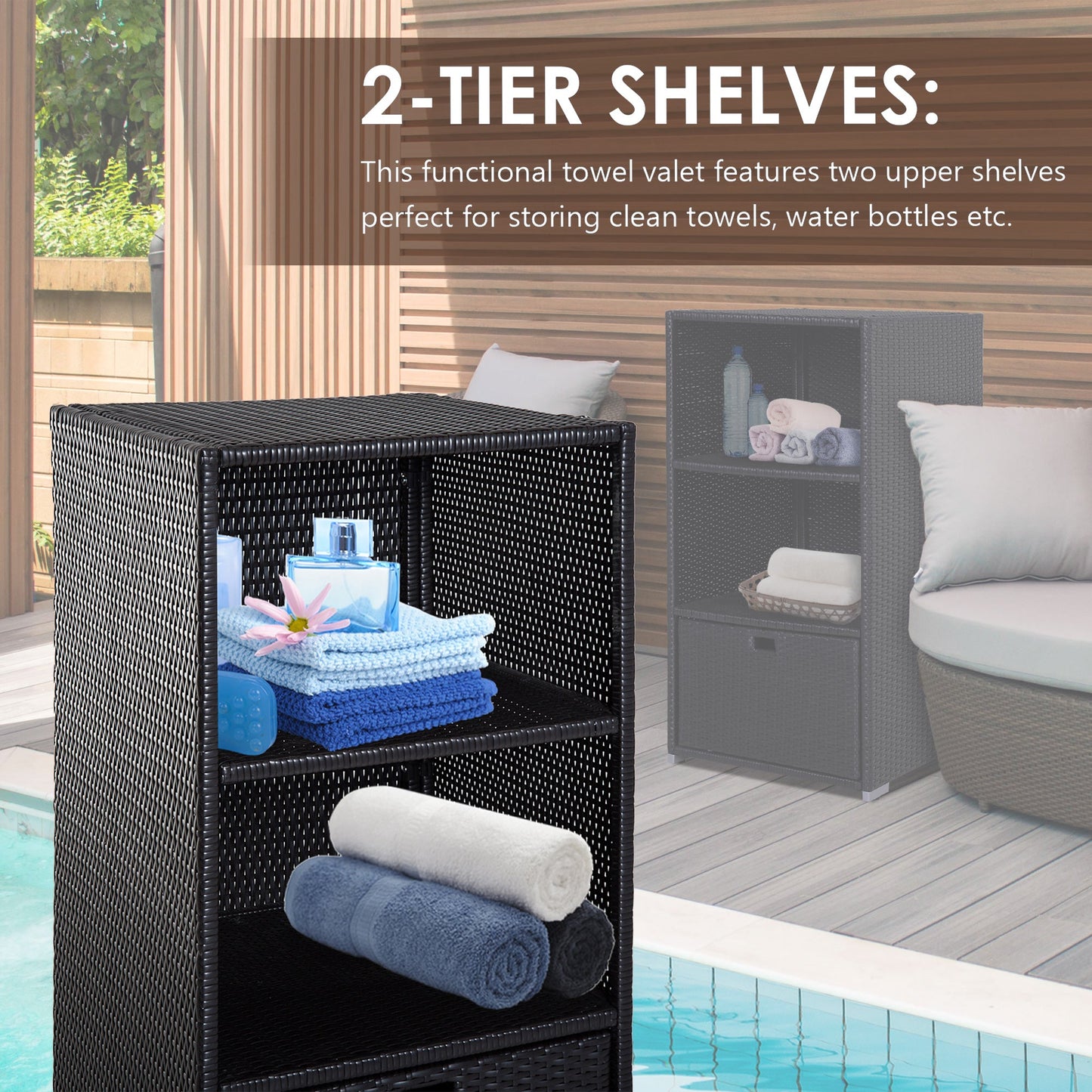 Outdoor Storage Cabinet, Patio Storage Box Rack Rattan Wicker Pool Towel Valet Organizer Poolside Garden Lawn Bathroom Furniture Shelf w/ Shelf Drawer, Dark Brown