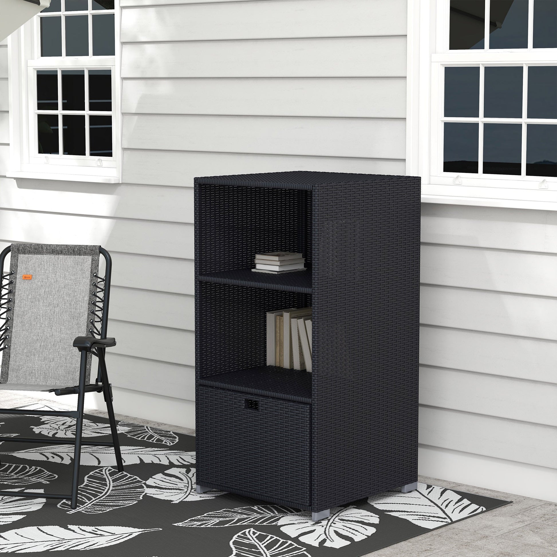 Outdoor Storage Cabinet, Patio Storage Box Rack Rattan Wicker Pool Towel Valet Organizer Poolside Garden Lawn Bathroom Furniture Shelf w/ Shelf Drawer, Dark Brown