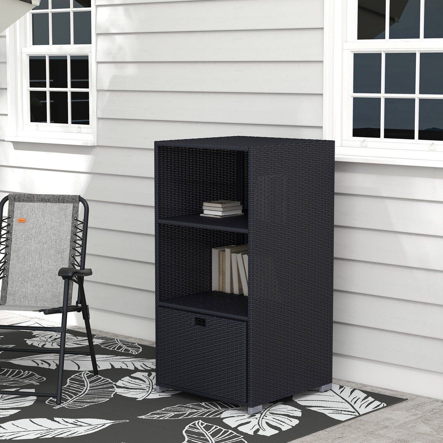 Outdoor Storage Cabinet, Patio Storage Box Rack Rattan Wicker Pool Towel Valet Organizer Poolside Garden Lawn Bathroom Furniture Shelf w/ Shelf Drawer, Dark Brown