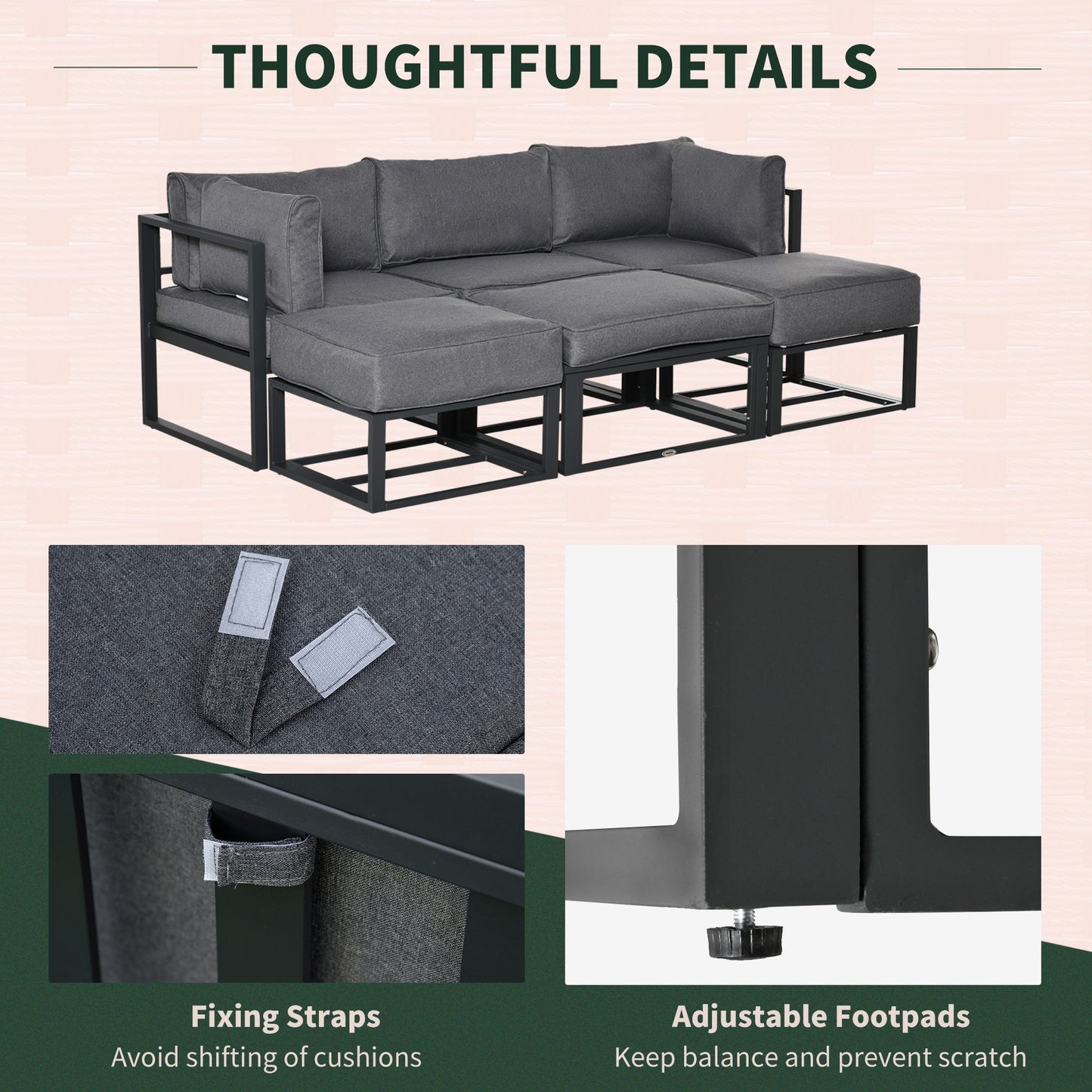 6 Pieces Outdoor Patio Furniture Set, Space-Saving Aluminum Outdoor Daybed, Thickened Cushions, Outdoor Sectional Conversation Set with Coffee Table, Footstools, Grey
