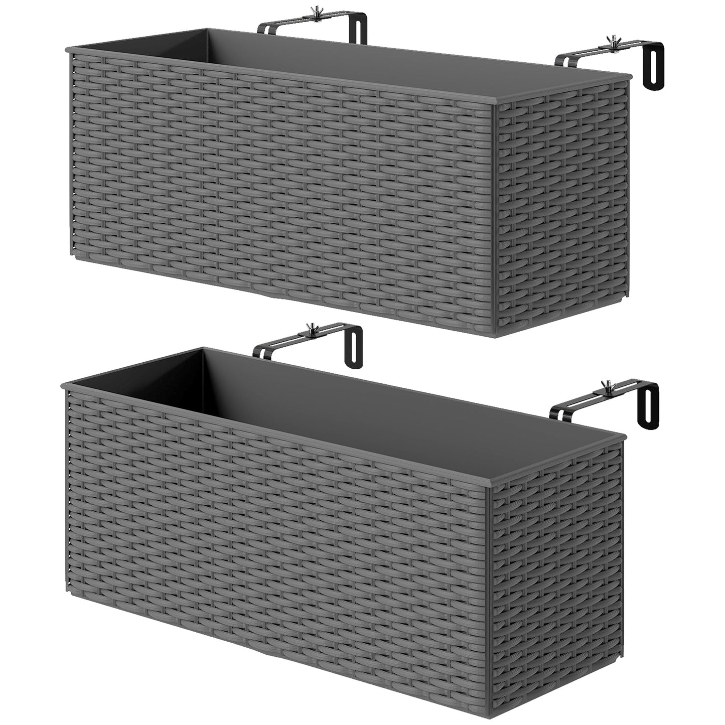2 Pack Railing Planter Box, 20 Inch Hanging Flower Pots with Hooks and Drainage Hole, Rectangular Planters for Fence, Balcony, Garden, Patio, Rattan Look, Grey