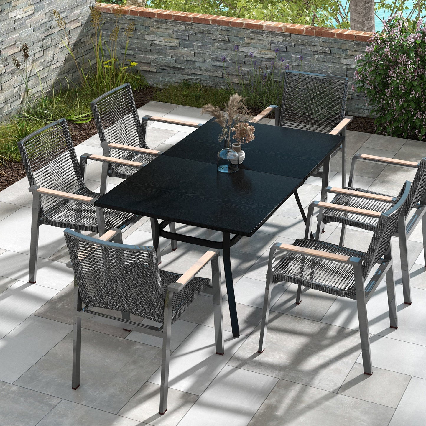 Patio Table, 59" x 35" Rectangle Outdoor Dining Table for 6 People with Steel Legs, Metal Tabletop, for Garden, Backyard, Lawn, Balcony, Black