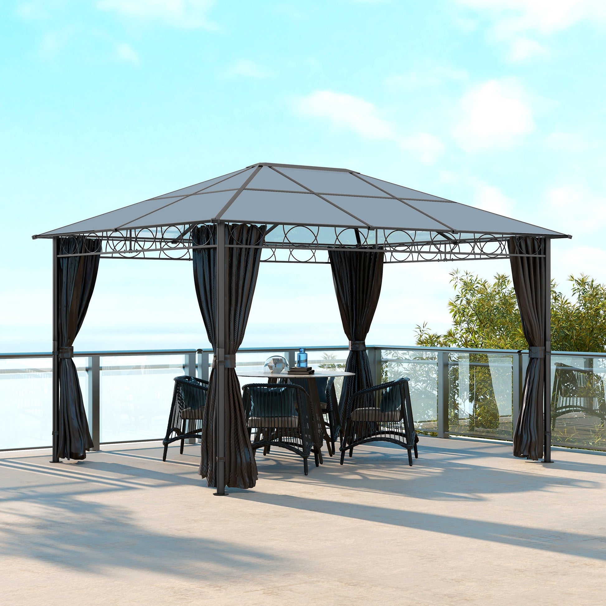 13' x 10' Polycarbonate Hardtop Gazebo Canopy, Outdoor Patio Gazebo with Aluminum Frame & Curtains, Dark Grey