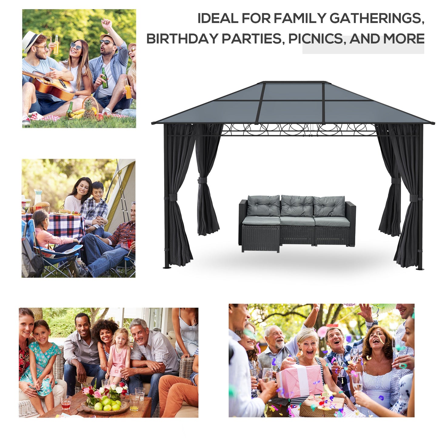 13' x 10' Polycarbonate Hardtop Gazebo Canopy, Outdoor Patio Gazebo with Aluminum Frame & Curtains, Dark Grey