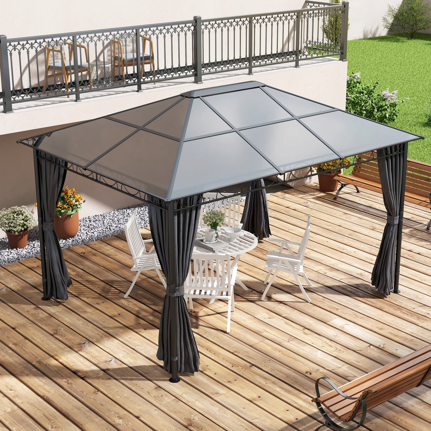 13' x 10' Polycarbonate Hardtop Gazebo Canopy, Outdoor Patio Gazebo with Aluminum Frame & Curtains, Dark Grey