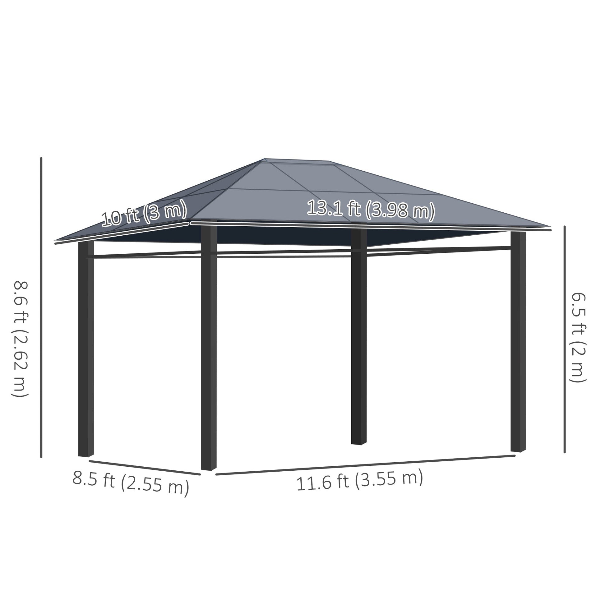 13' x 10' Polycarbonate Hardtop Gazebo Canopy, Outdoor Patio Gazebo with Aluminum Frame & Curtains, Dark Grey