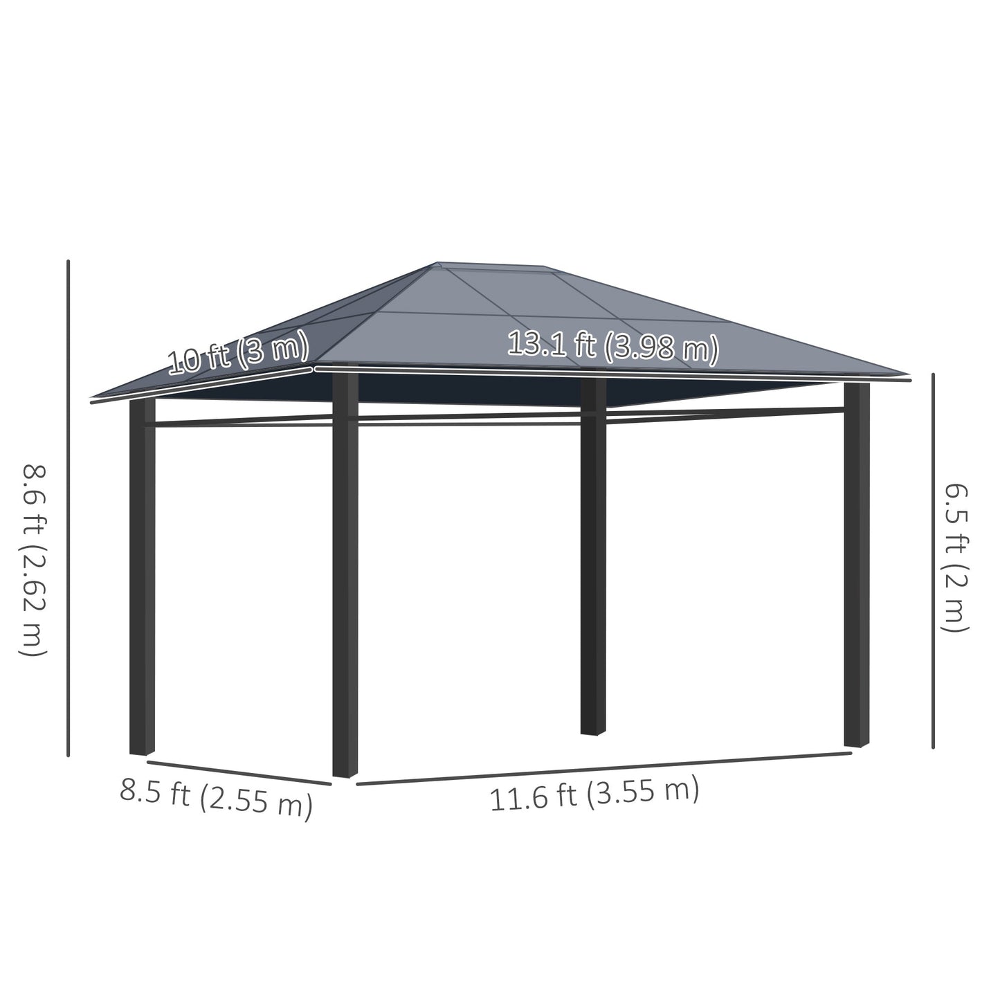 13' x 10' Polycarbonate Hardtop Gazebo Canopy, Outdoor Patio Gazebo with Aluminum Frame & Curtains, Dark Grey