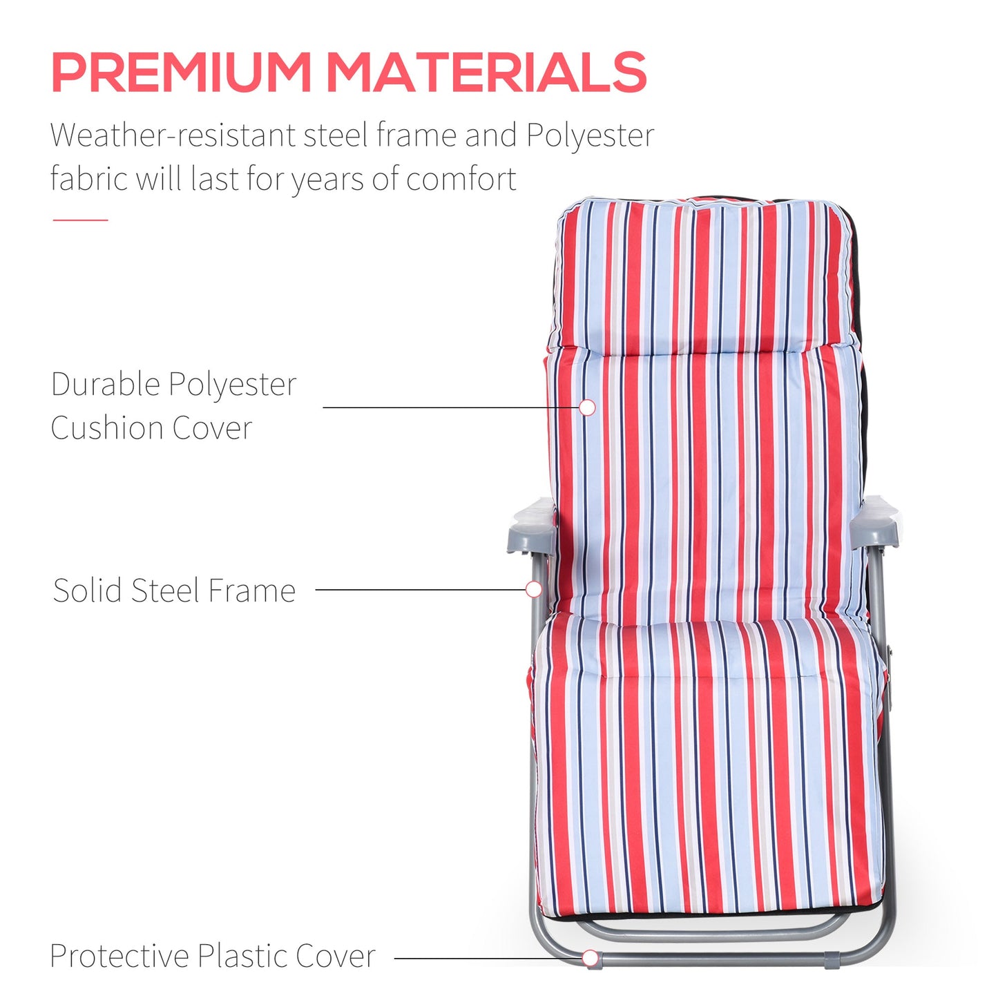 Set of 2 Garden Sun Lounger, Outdoor Reclining Seat Cushioned Seat, Foldable Adjustable Recliner, Grey and Red