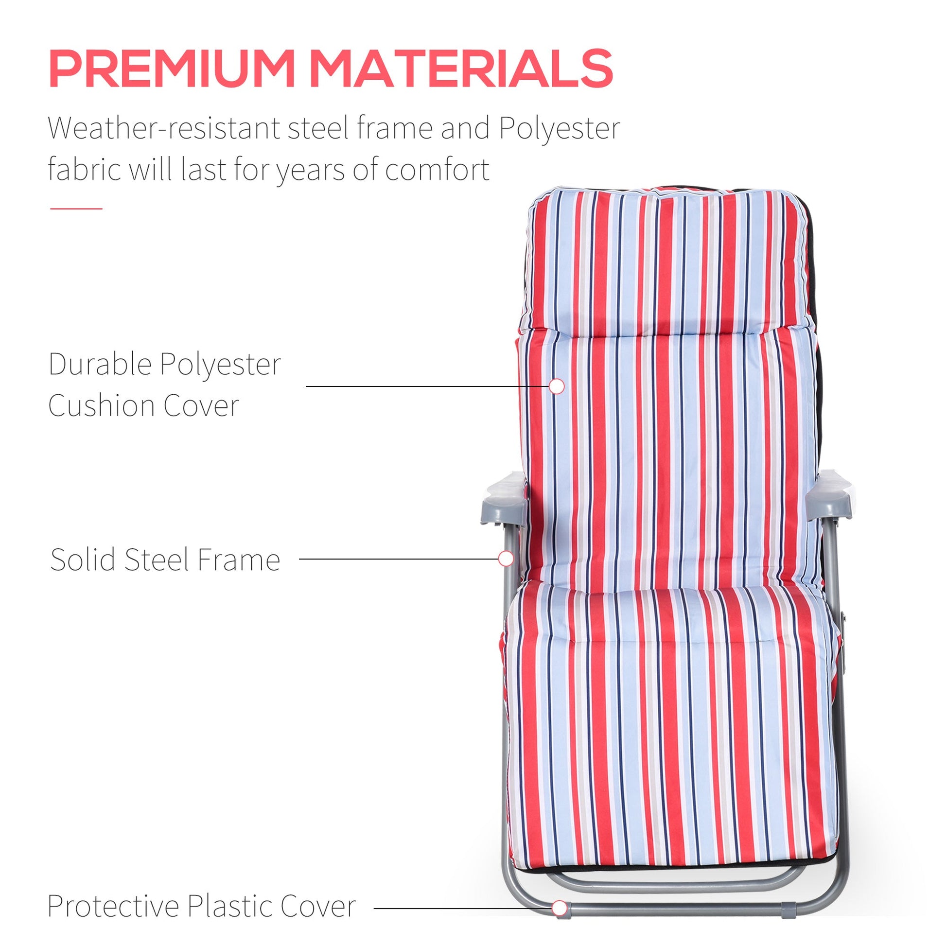 Set of 2 Garden Sun Lounger, Outdoor Reclining Seat Cushioned Seat, Foldable Adjustable Recliner, Grey and Red