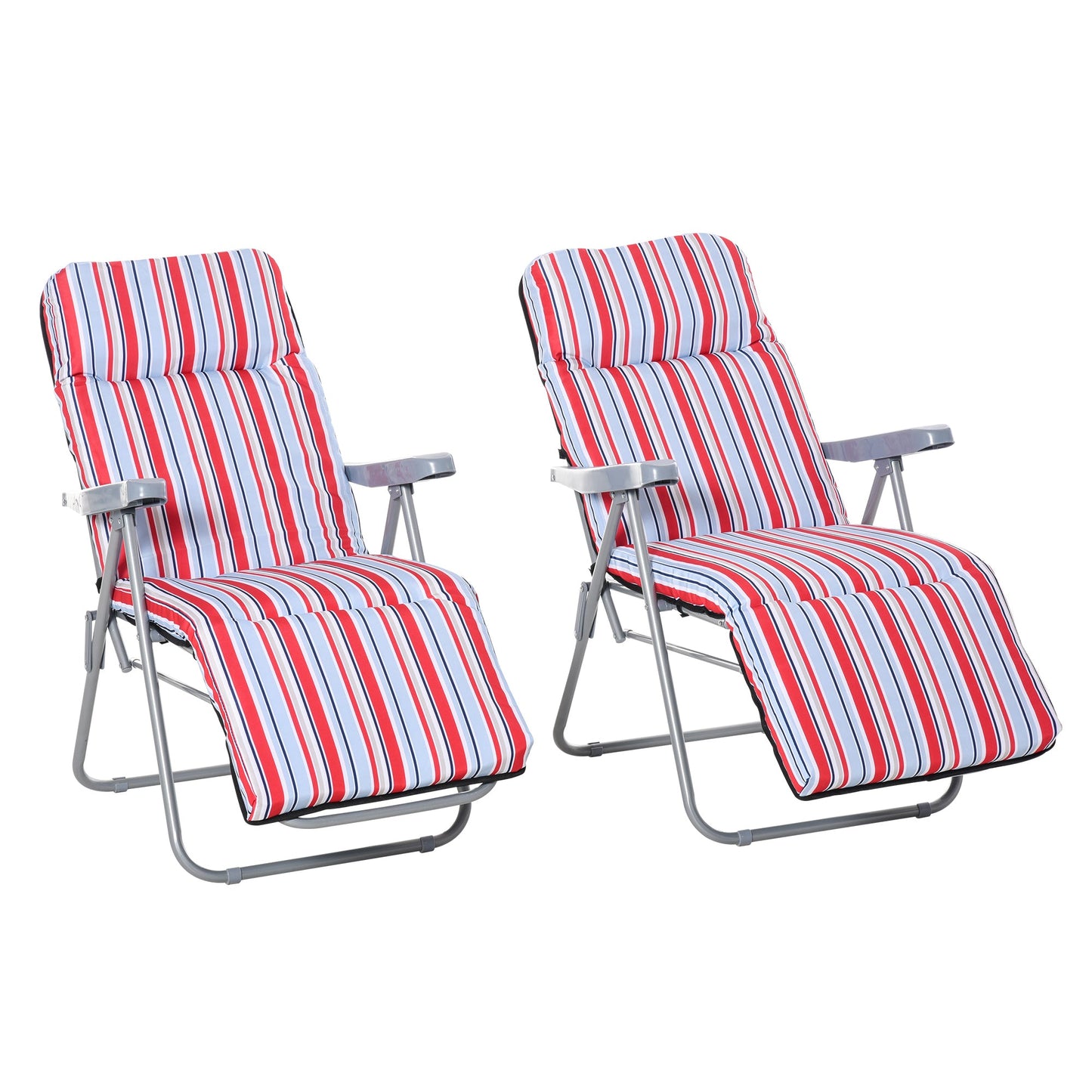 Set of 2 Garden Sun Lounger, Outdoor Reclining Seat Cushioned Seat, Foldable Adjustable Recliner, Grey and Red