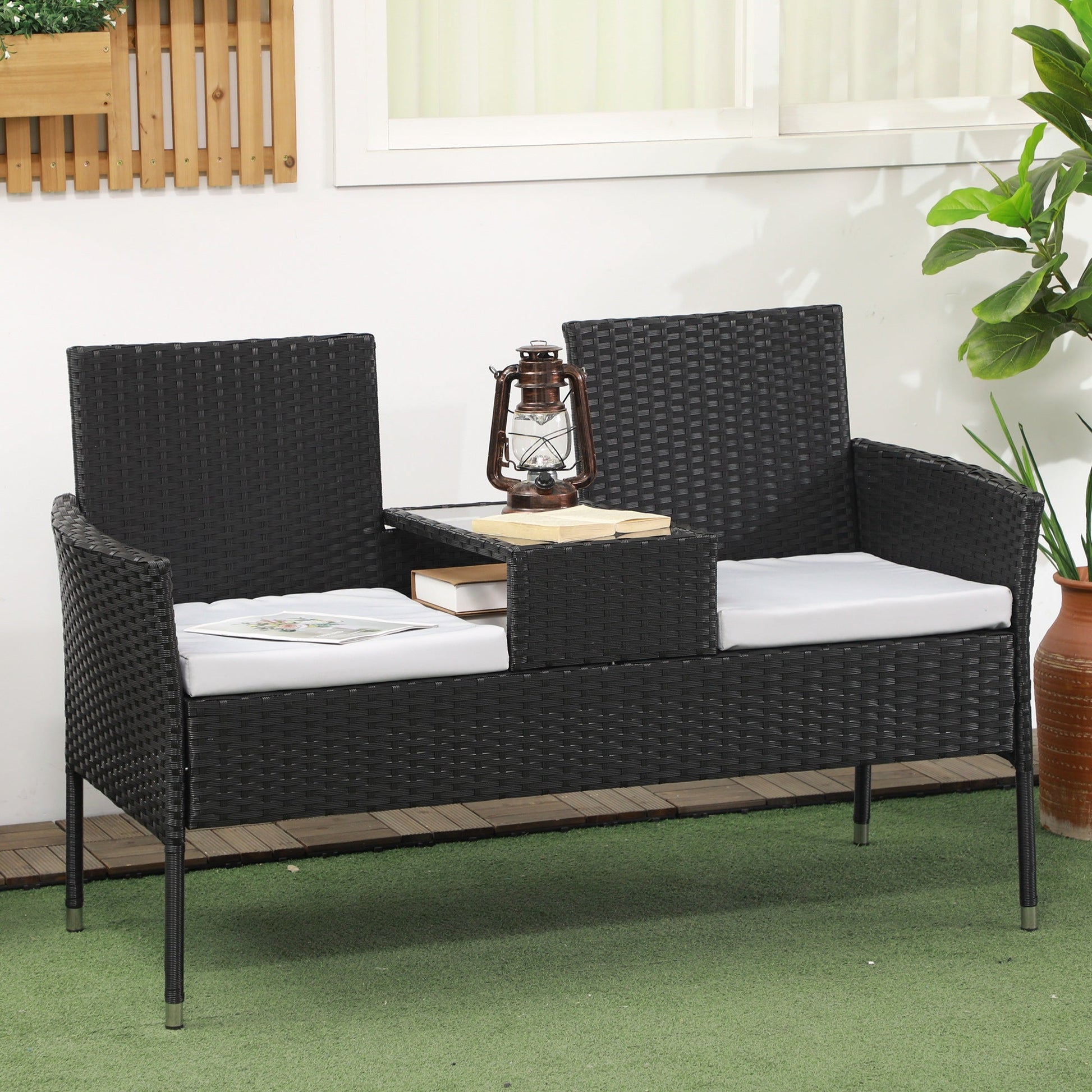2-Seat Patio Furniture with Tea Table, Outdoor PE Rattan Wicker Loveseat with Padded Cushions and Tempered Glass Top for Garden, Porch, Poolside, Light Grey