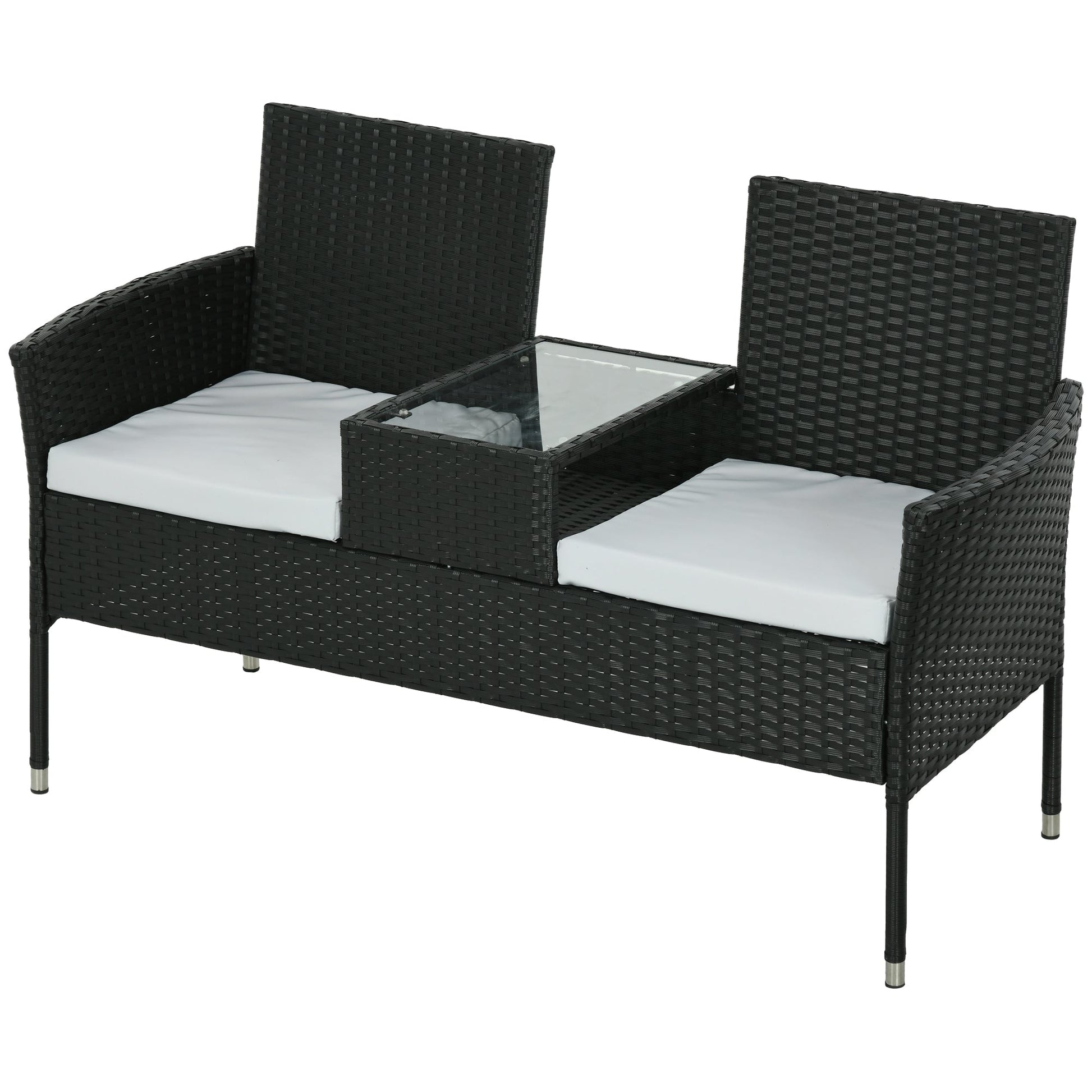 2-Seat Patio Furniture with Tea Table, Outdoor PE Rattan Wicker Loveseat with Padded Cushions and Tempered Glass Top for Garden, Porch, Poolside, Light Grey