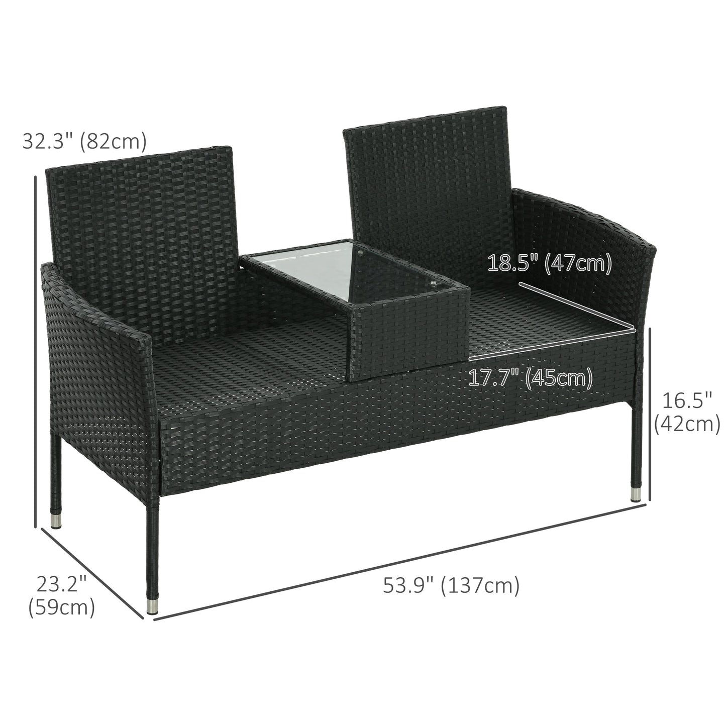 2-Seat Patio Furniture with Tea Table, Outdoor PE Rattan Wicker Loveseat with Padded Cushions and Tempered Glass Top for Garden, Porch, Poolside, Light Grey