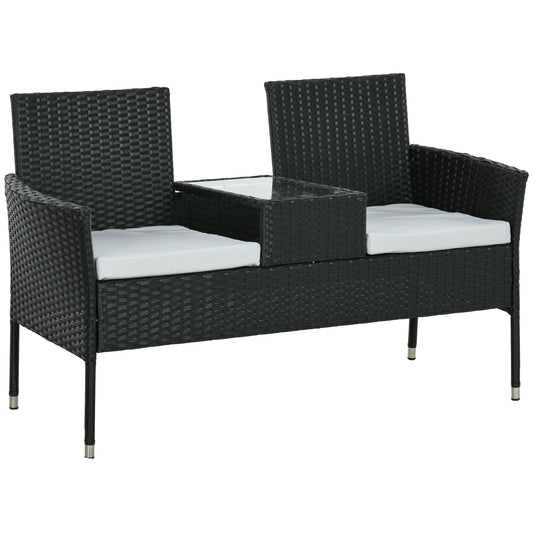 2-Seat Patio Furniture with Tea Table, Outdoor PE Rattan Wicker Loveseat with Padded Cushions and Tempered Glass Top for Garden, Porch, Poolside, Light Grey