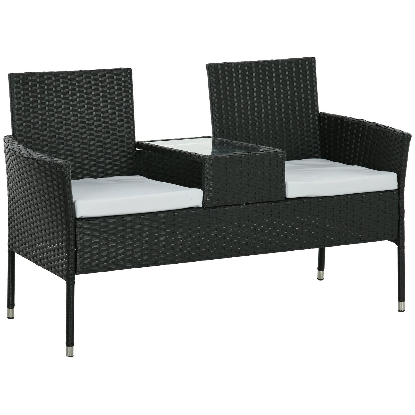 2-Seat Patio Furniture with Tea Table, Outdoor PE Rattan Wicker Loveseat with Padded Cushions and Tempered Glass Top for Garden, Porch, Poolside, Light Grey