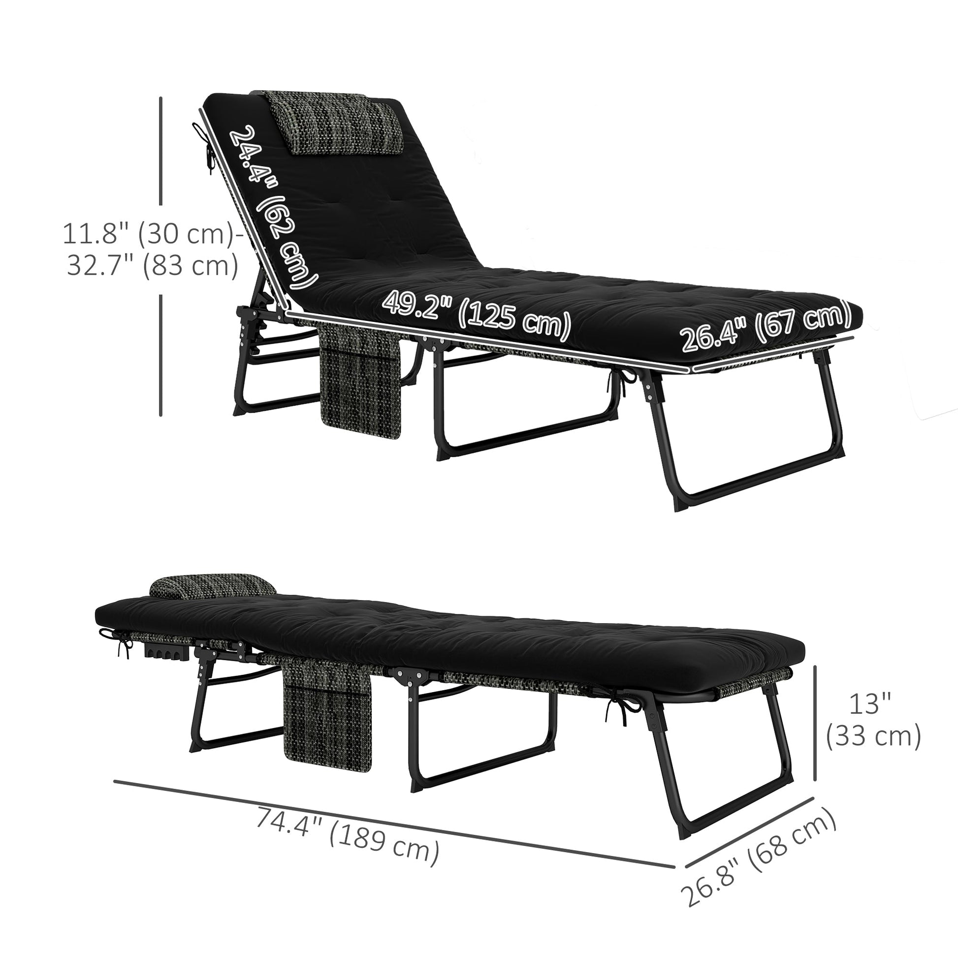 2 Pieces Folding Lounge Chairs with 4-level Reclining Back, Outdoor Tanning Chair with Cushion, Sun Lounger with Breathable Mesh Fabric, Side Pocket, Headrest, Black