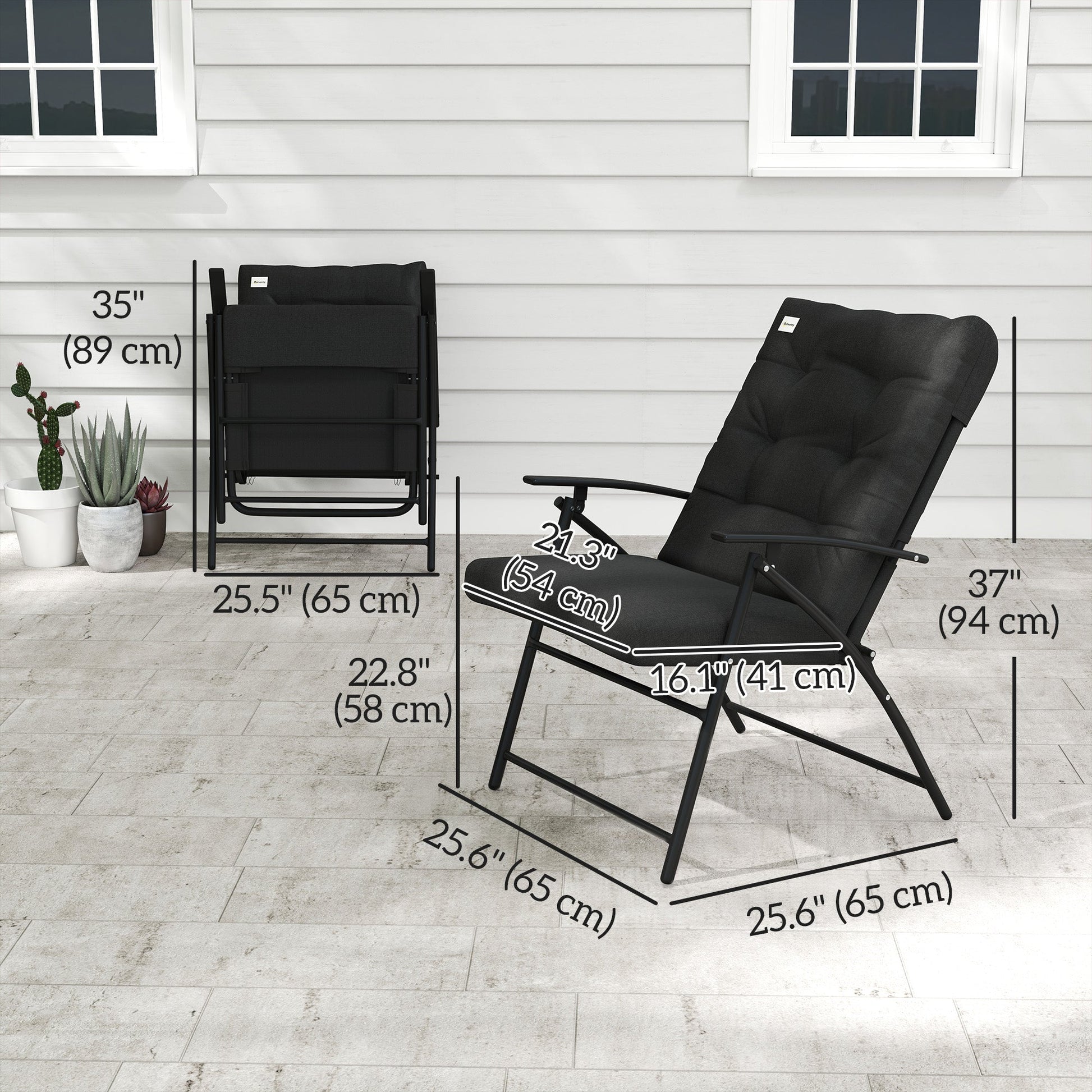 Set of 2 Outdoor Dining Chairs, Folding Patio Chair with Adjustable Backrest, Padded Folding Chairs for Outdoor Events, Black