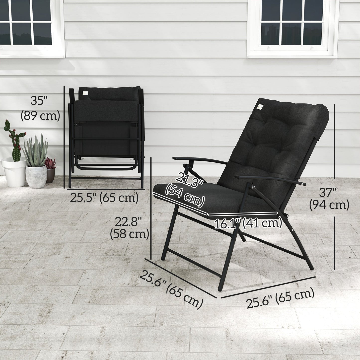 Set of 2 Outdoor Dining Chairs, Folding Patio Chair with Adjustable Backrest, Padded Folding Chairs for Outdoor Events, Black