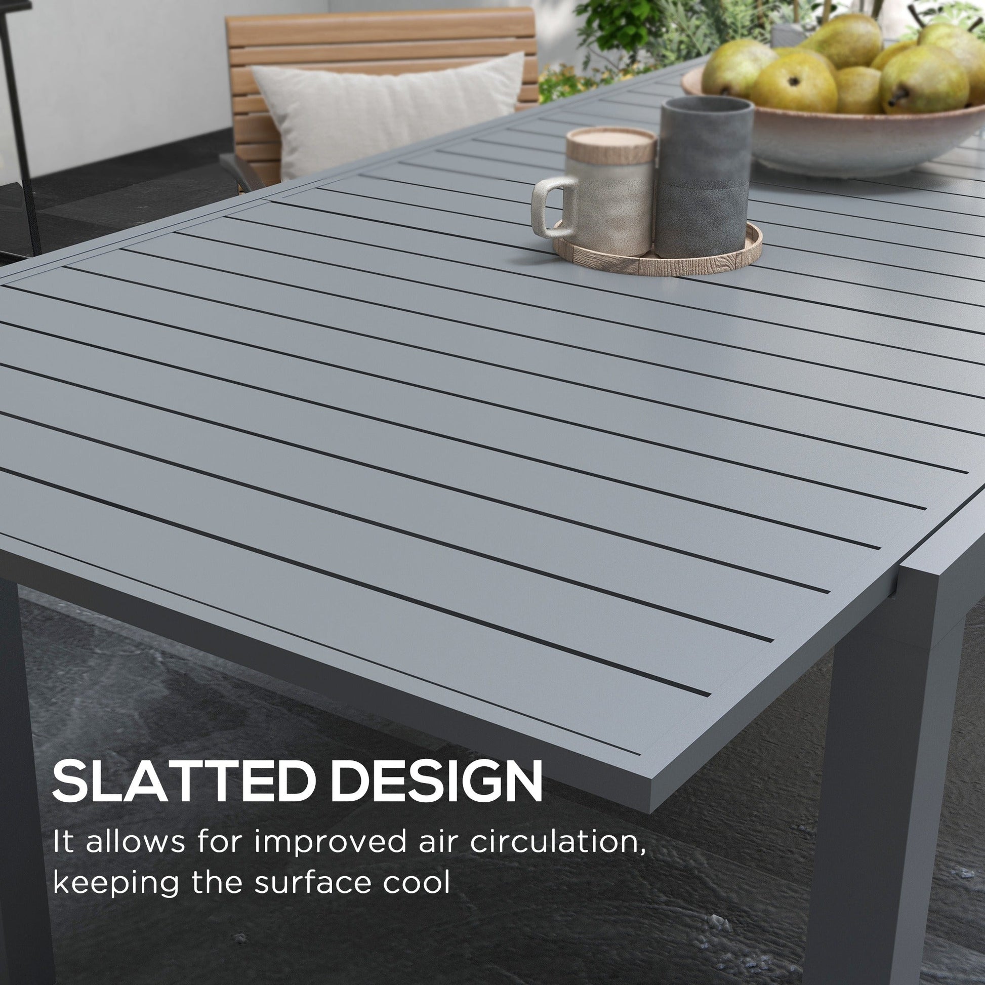 Expandable Outdoor Dining Table for 6-8 People, Patio Dining Table with Aluminum Frame & Slatted Tabletop, Rectangle Patio Table for Garden, Lawn, Balcony, Charcoal Grey