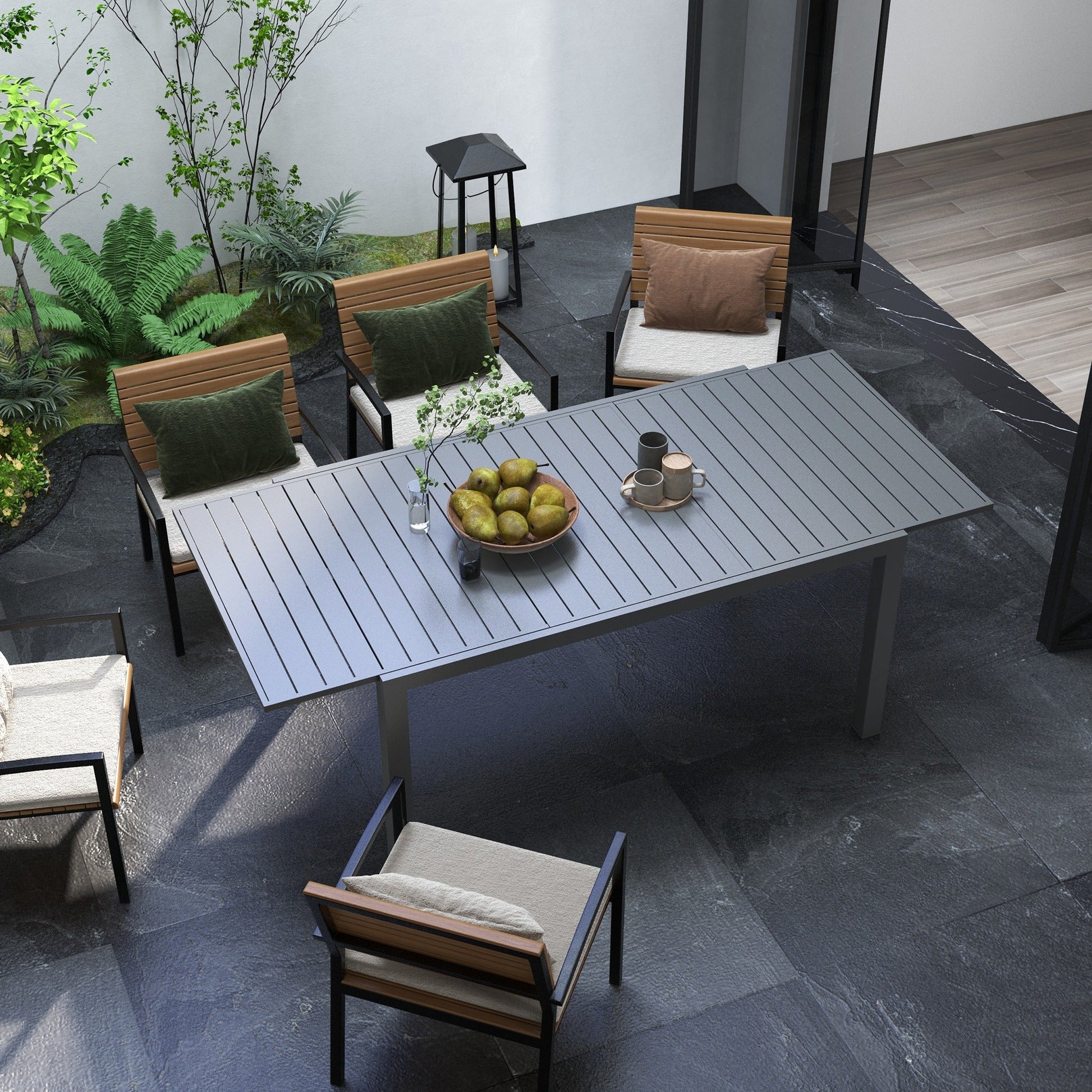 Expandable Outdoor Dining Table for 6-8 People, Patio Dining Table with Aluminum Frame & Slatted Tabletop, Rectangle Patio Table for Garden, Lawn, Balcony, Charcoal Grey