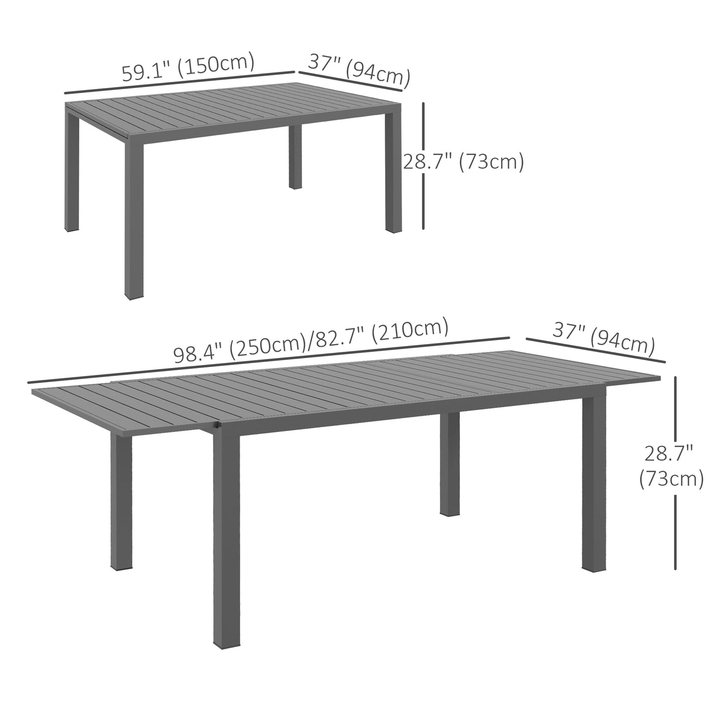 Expandable Outdoor Dining Table for 6-8 People, Patio Dining Table with Aluminum Frame & Slatted Tabletop, Rectangle Patio Table for Garden, Lawn, Balcony, Charcoal Grey